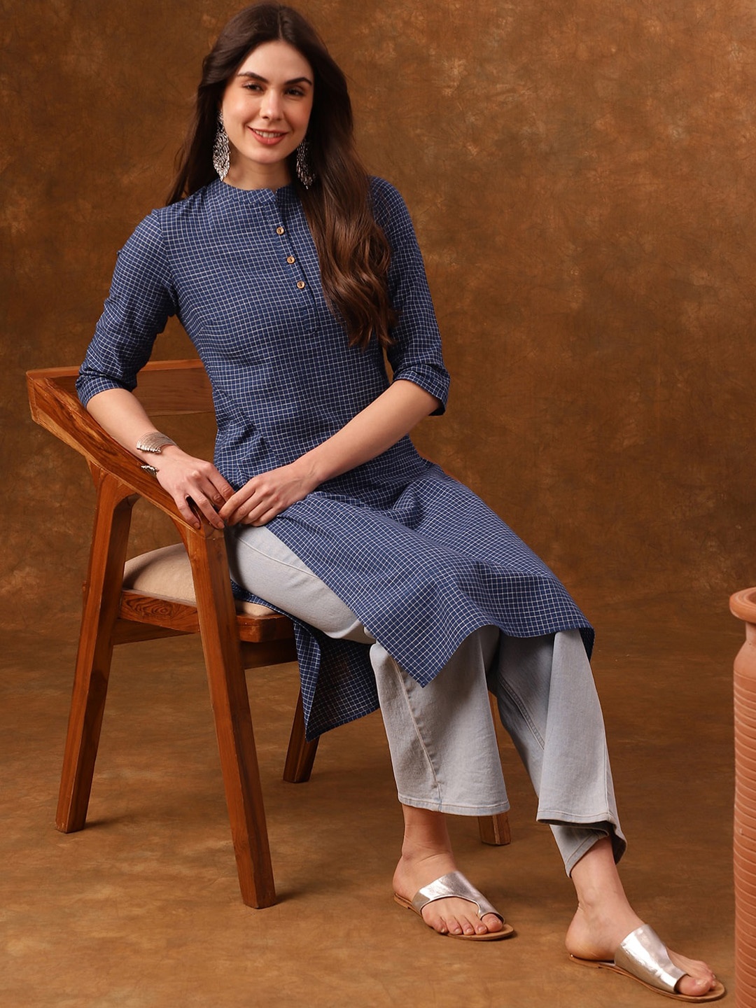 

Anouk Blue Checked Mandarin Collar Cotton Straight Kurta