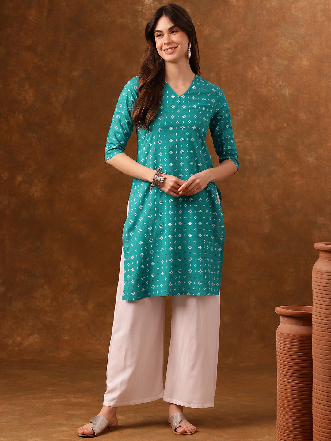 

Anouk Geometric Printed Cotton Straight Kurta, Teal