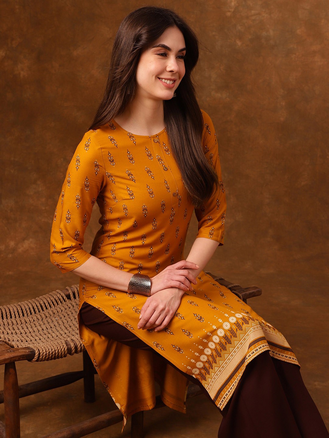 

Anouk Mustard Yellow Ethnic Motifs Printed Straight Kurta