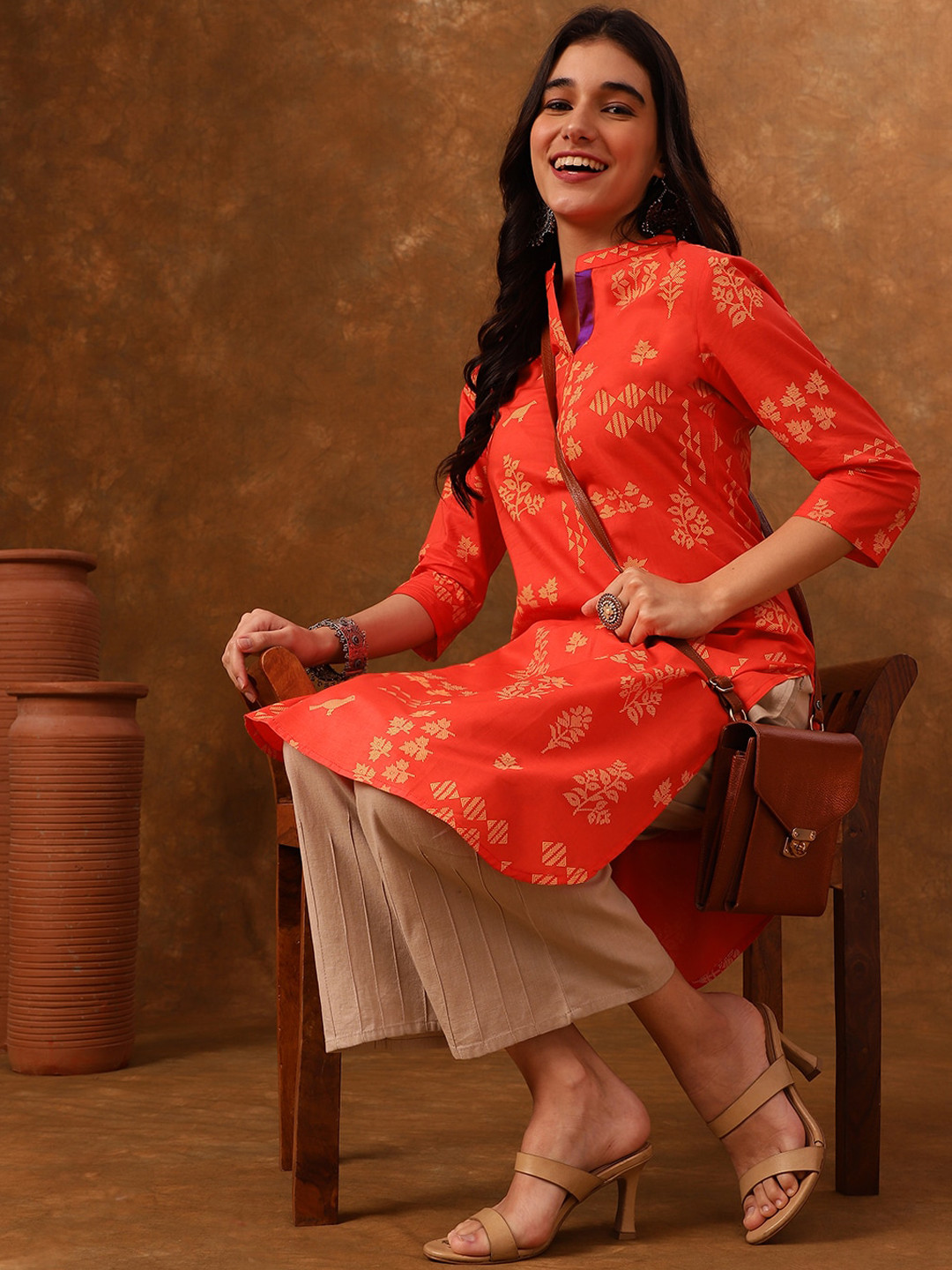 

Anouk Orange Ethnic Motifs Printed Mandarin Collar Pure Cotton Kurta