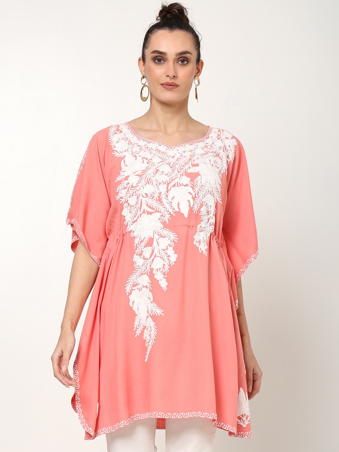 

CRAFTBAZAR Floral Embroidered Flared Sleeves Kaftan Kurta, Peach