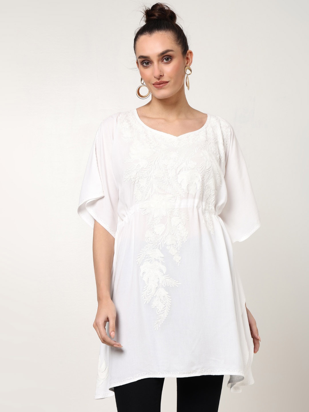 

CRAFTBAZAR Ethnic Motifs Embroidered Flared Sleeves Chikankari Kaftan Kurta, White