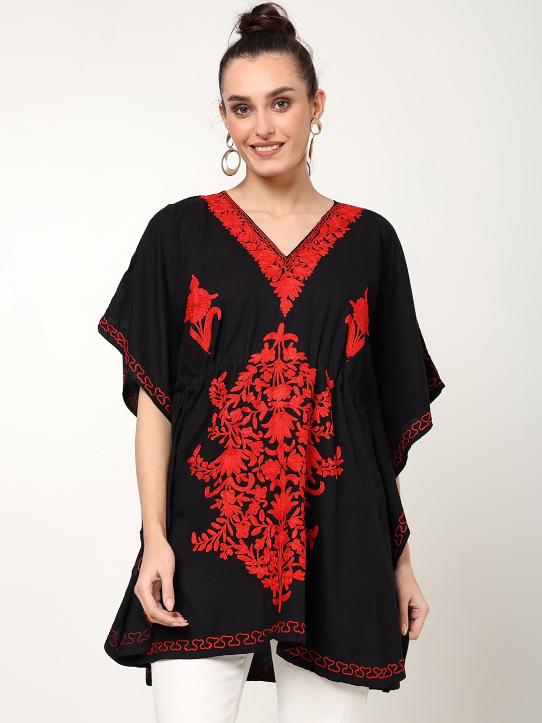 

CRAFTBAZAR Floral Thread Work Embroidered Kaftan Kurta, Black