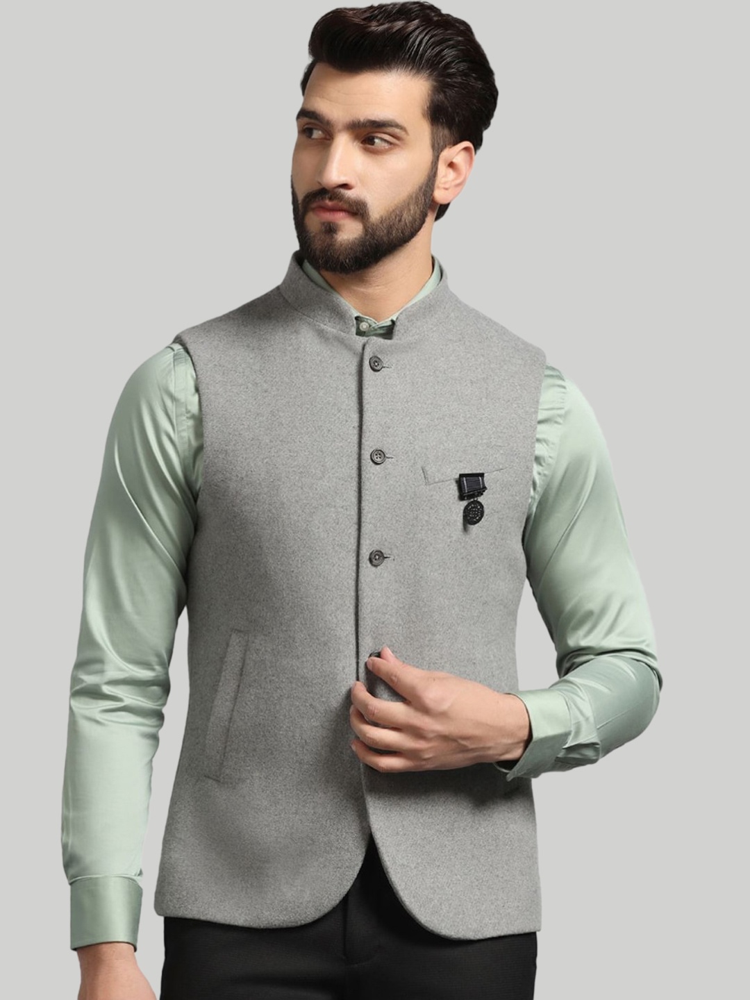 

Blackberrys Slim-Fit Woven Nehru Jacket, Grey