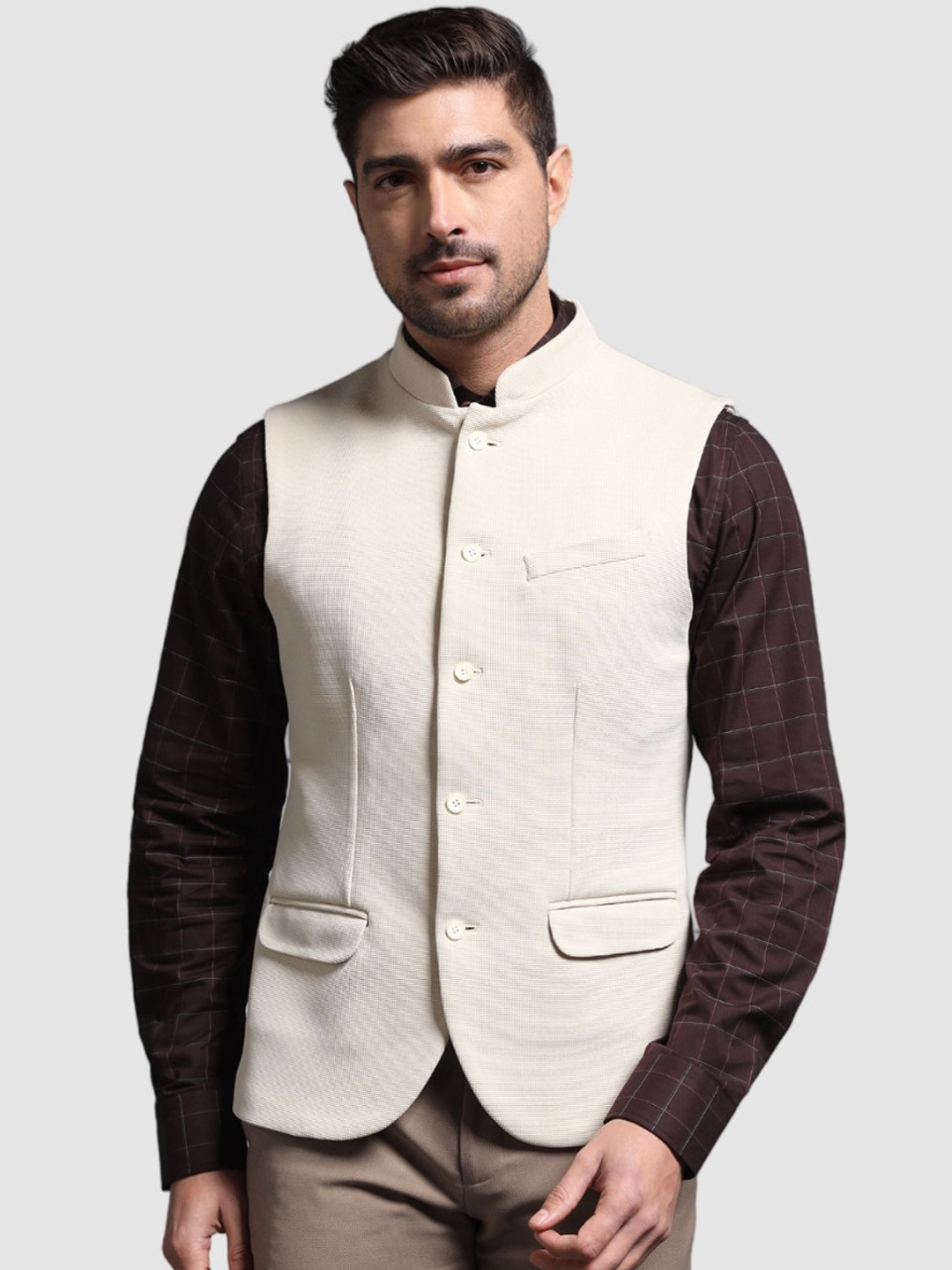 

Blackberrys Slim Fit Woven Nehru Jacket, Beige