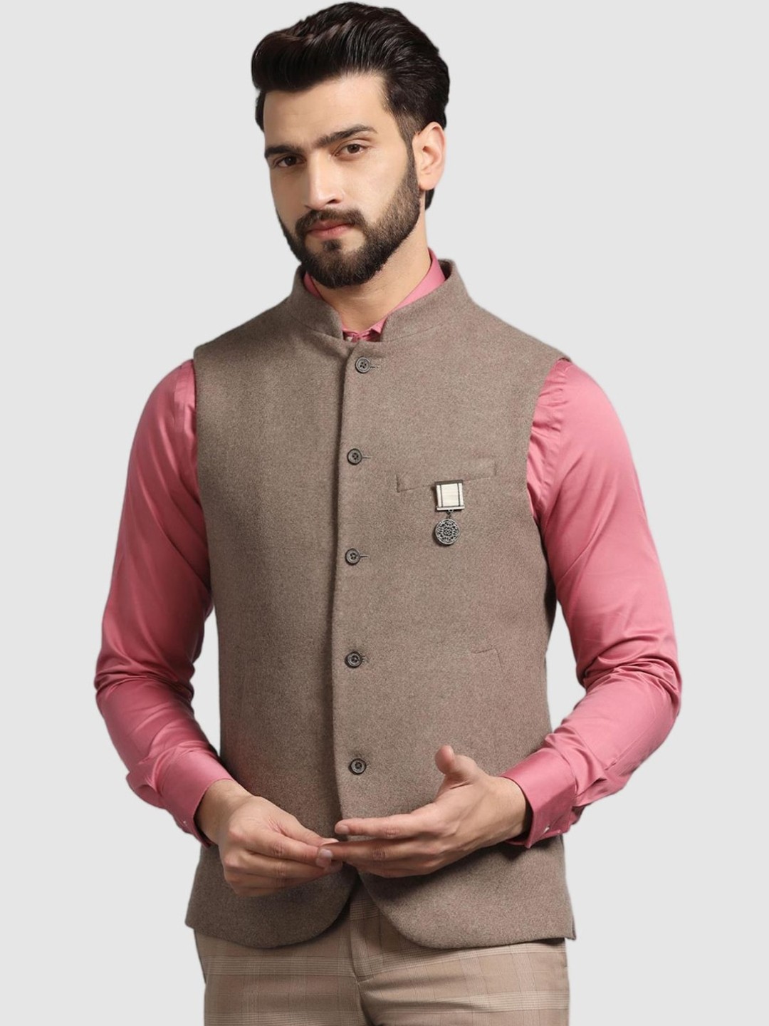 

Blackberrys Woven Mandarin Collar Nehru Jacket, Brown