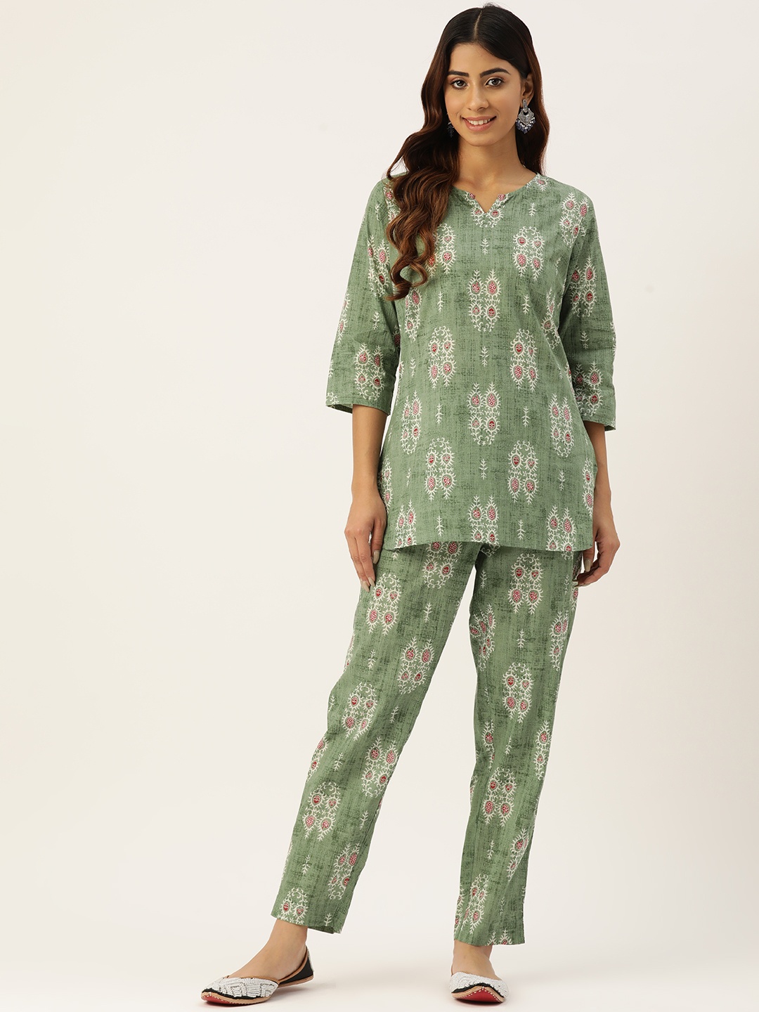 

FERANOID Women Printed Pure Cotton Tunic with Trouser, Green