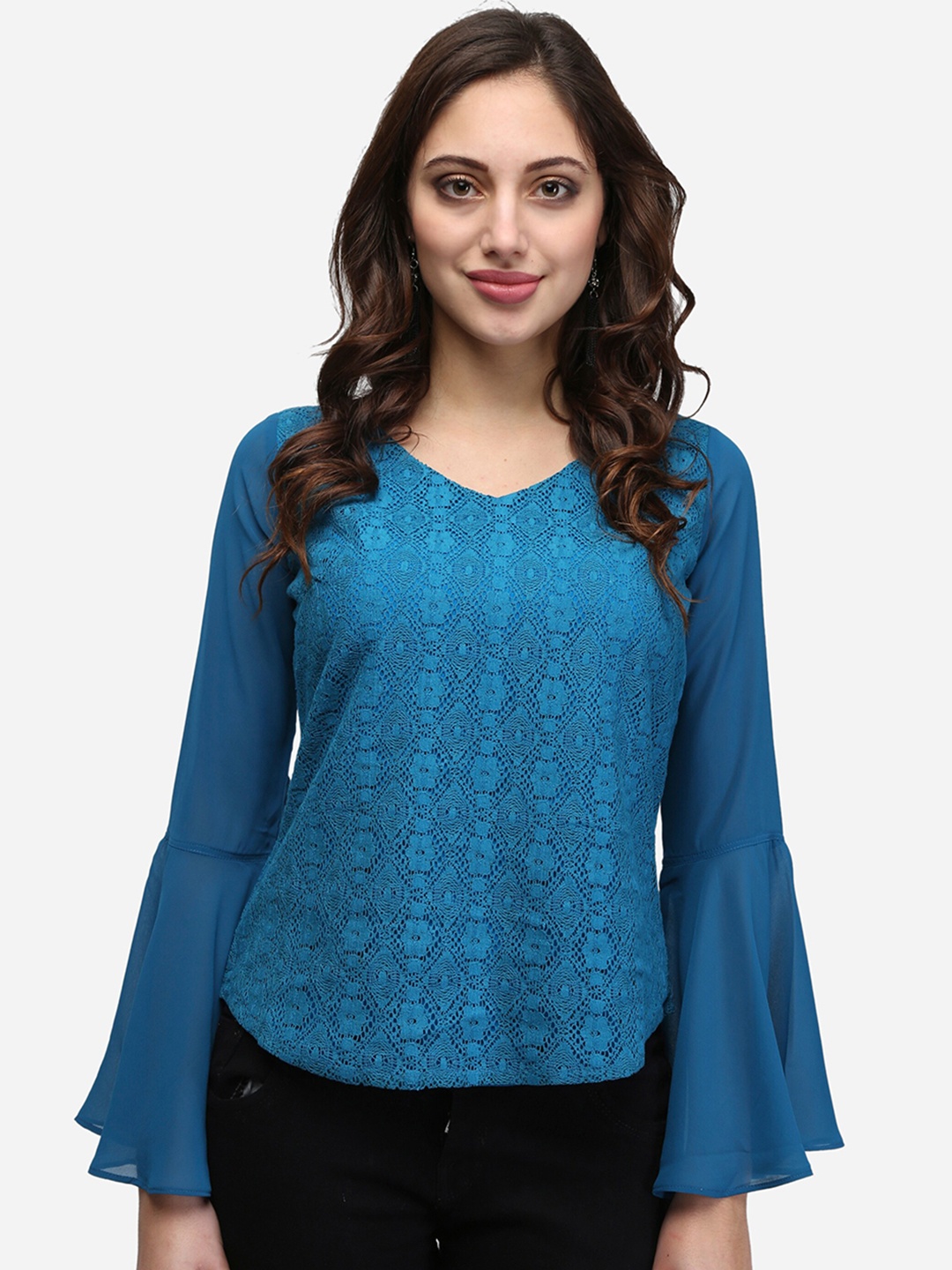 

V&M Self Design Bell Sleeves V-Neck Cotton Lace Top, Blue