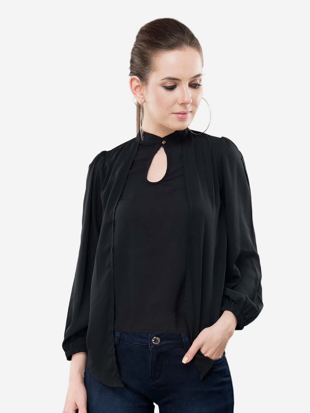 

V&M Keyhole Neck Puff Sleeves Layered Georgette Top, Black