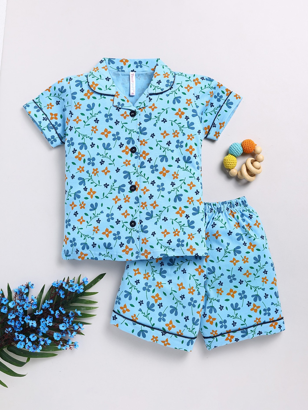 

Toonyport Kids Floral Printed Lapel Collar Pure Cotton Shirt & Shorts, Blue