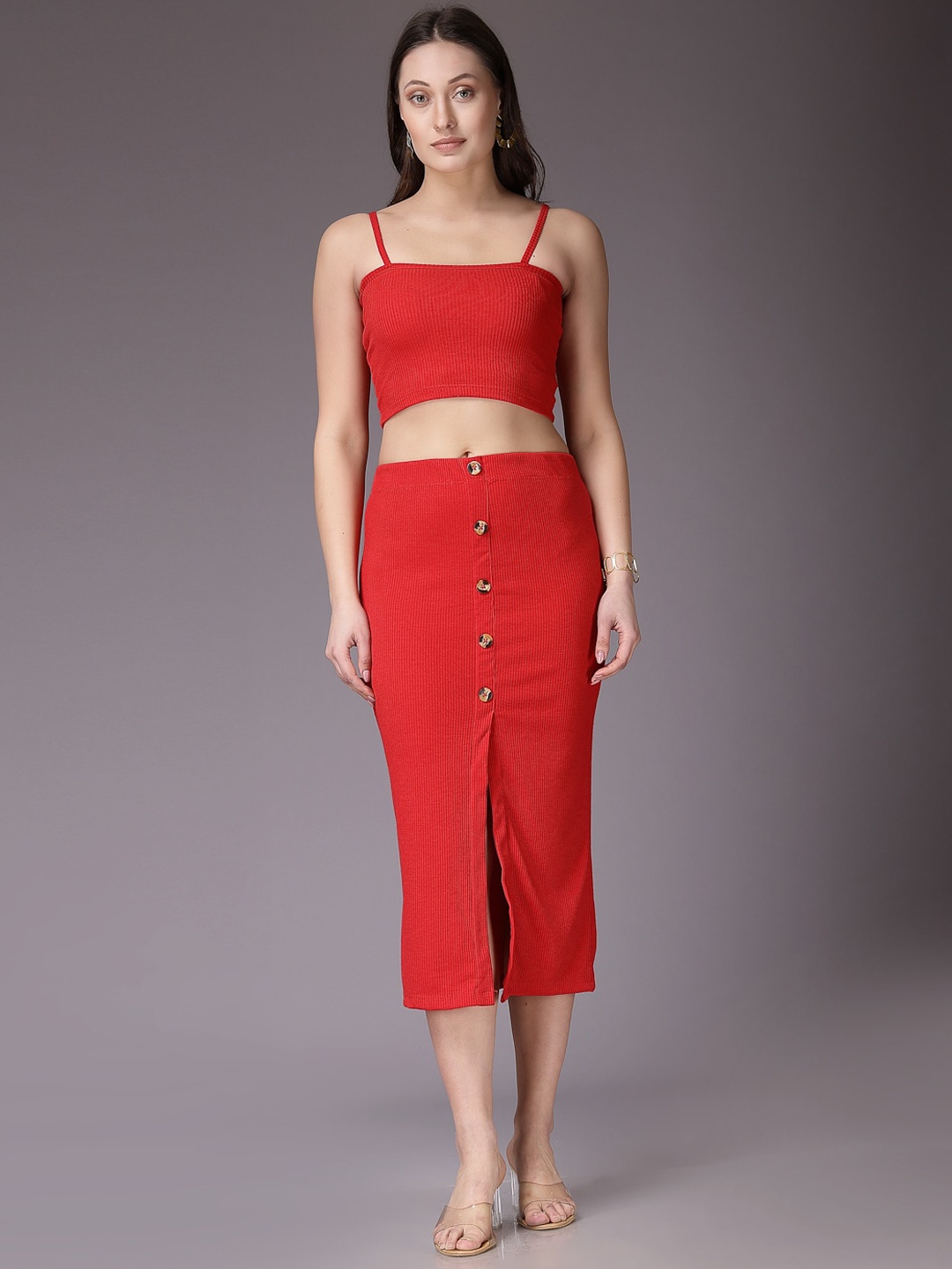 

Freehand by The Indian Garage Co Shoulder Straps Crop Top With Skirt, Red