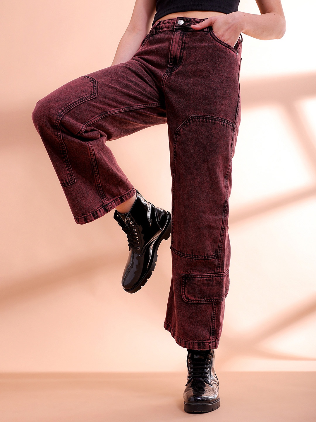 

Freehand by The Indian Garage Co Women Relaxed Fit High-Rise Cotton Jeans, Burgundy