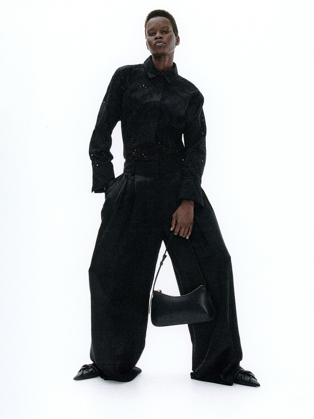 

H&M Pure Cotton Broderie Anglaise Shirt, Black