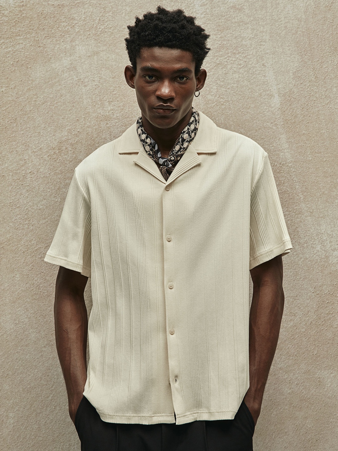 H&M Regular Fit Ribbed Resort Shirt, White