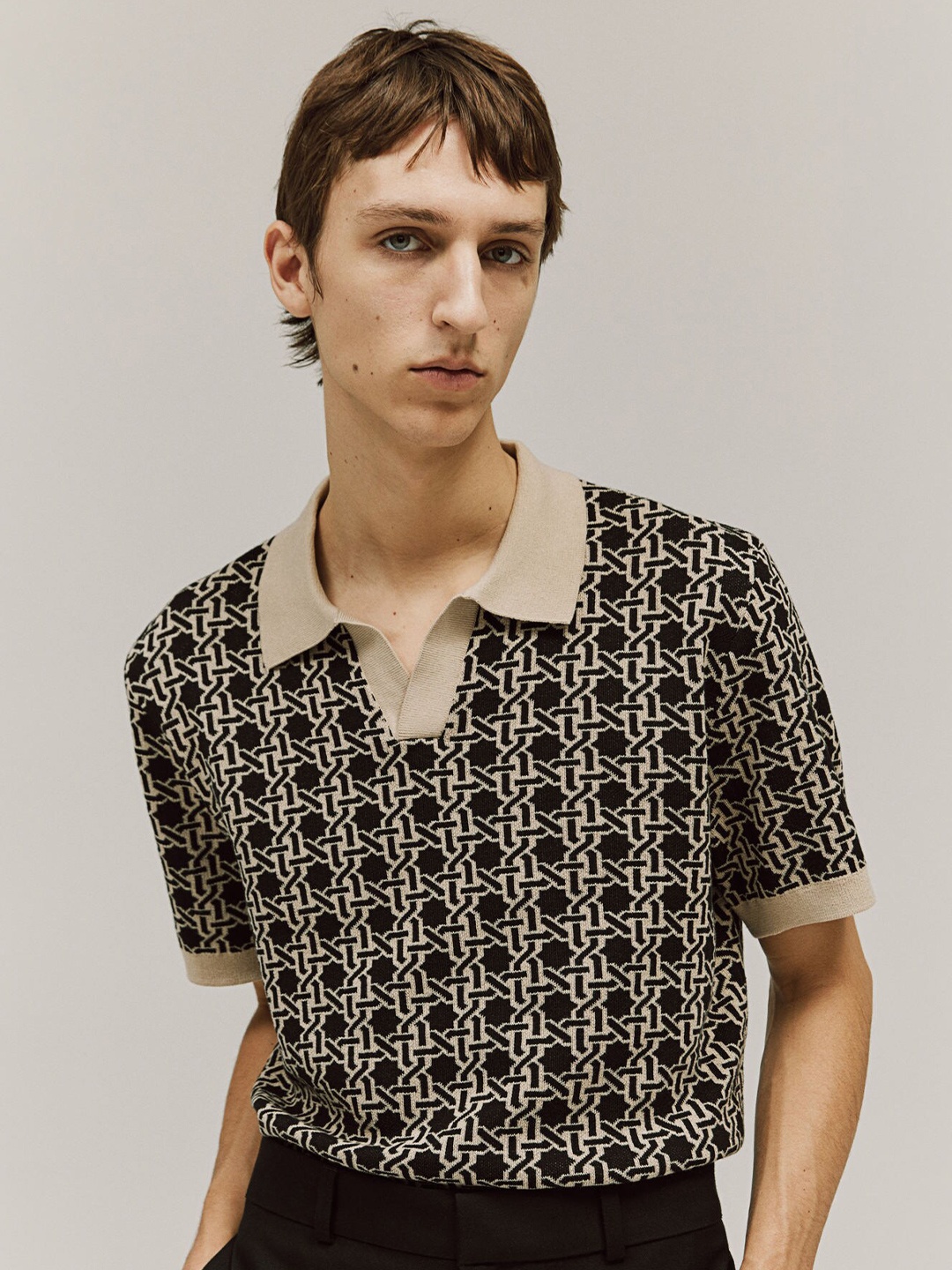 

H&M Regular Fit Jacquard-Knit Polo Shirt, Beige