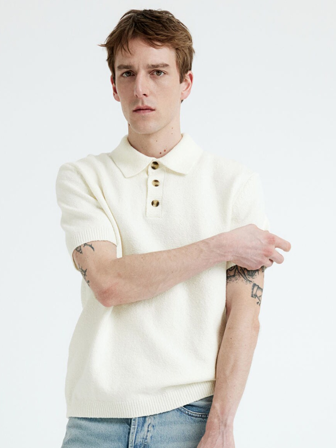 

H&M Regular Fit Boucle Polo Shirt, White