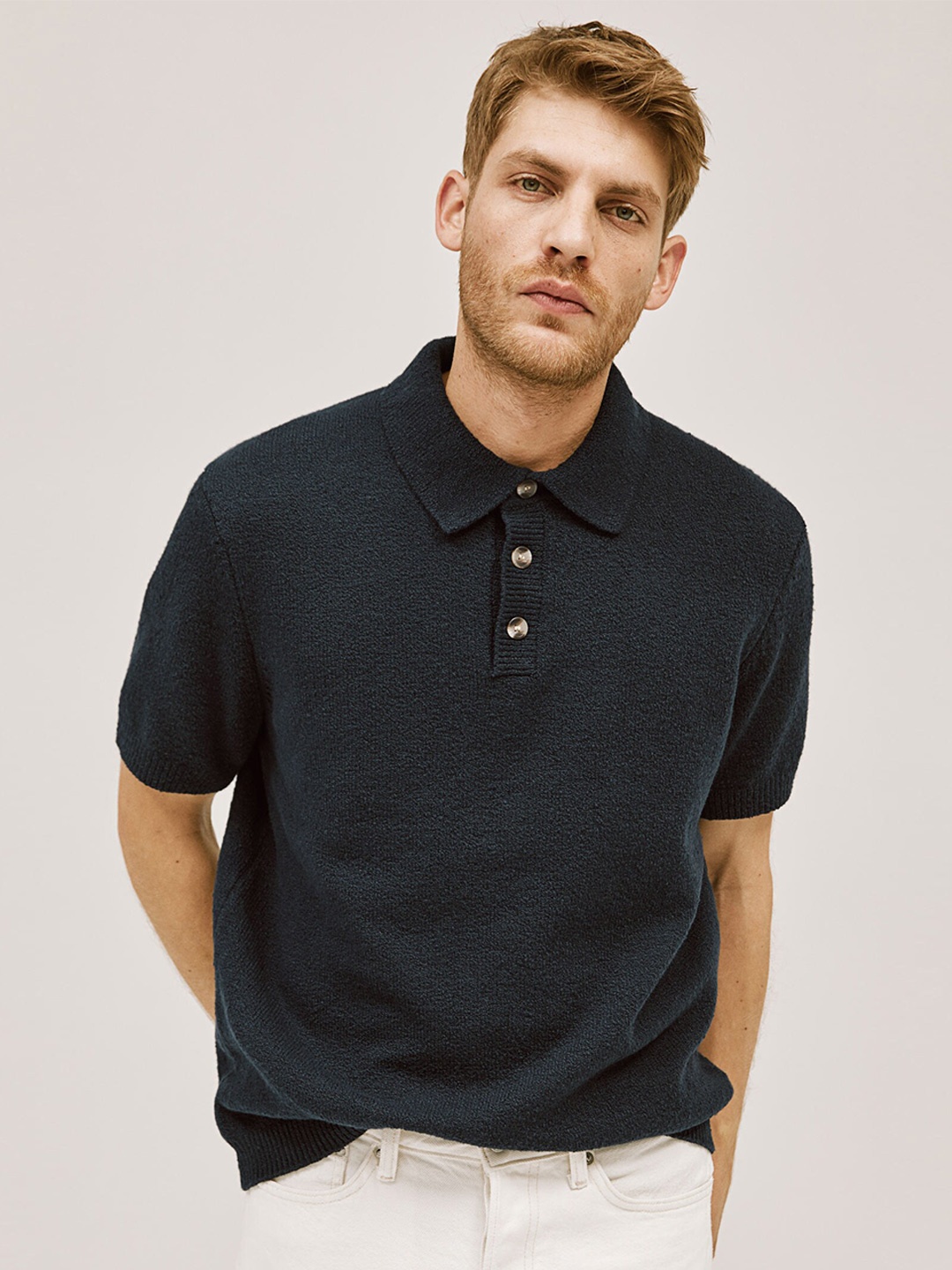 

H&M Regular Fit Boucl Polo Shirt, Navy blue