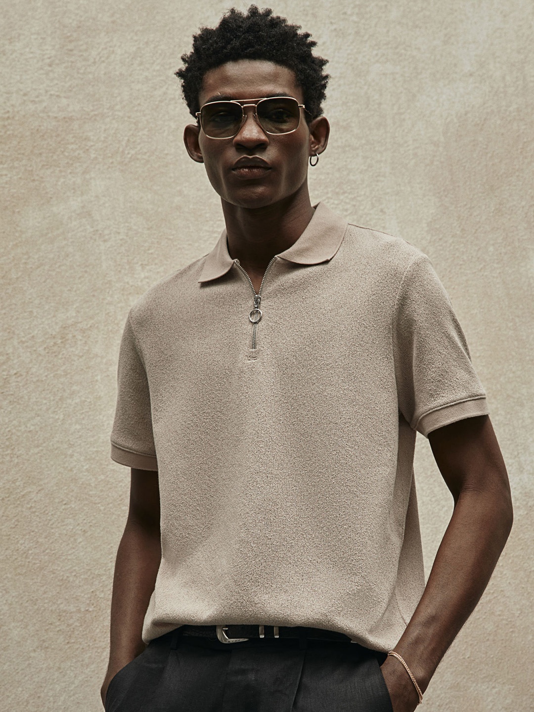 

H&M Regular Fit Zip-Top Polo Shirt, Beige