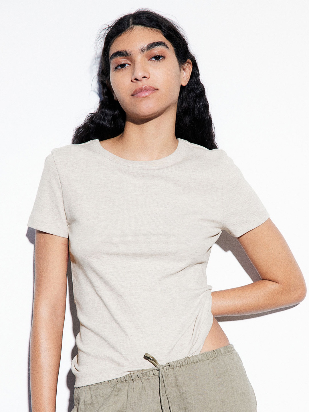 

H&M Ribbed Modal-Blend T-Shirt, Beige