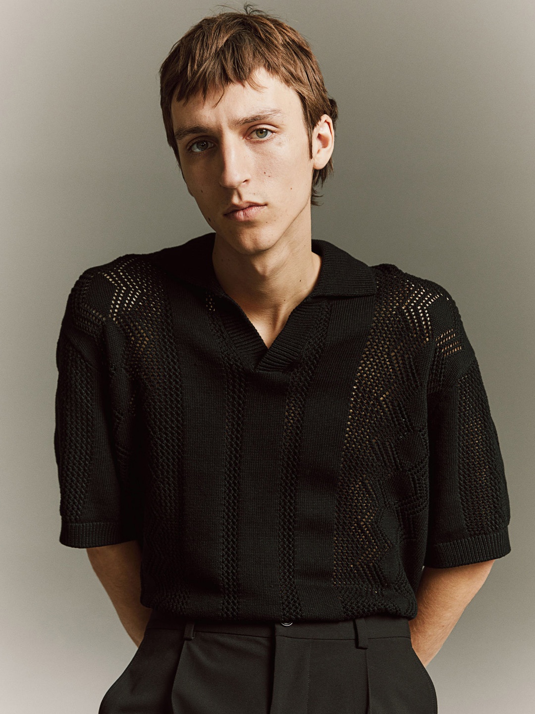 

H&M Pure Cotton Loose Fit Pointelle-Knit Polo Shirt, Black