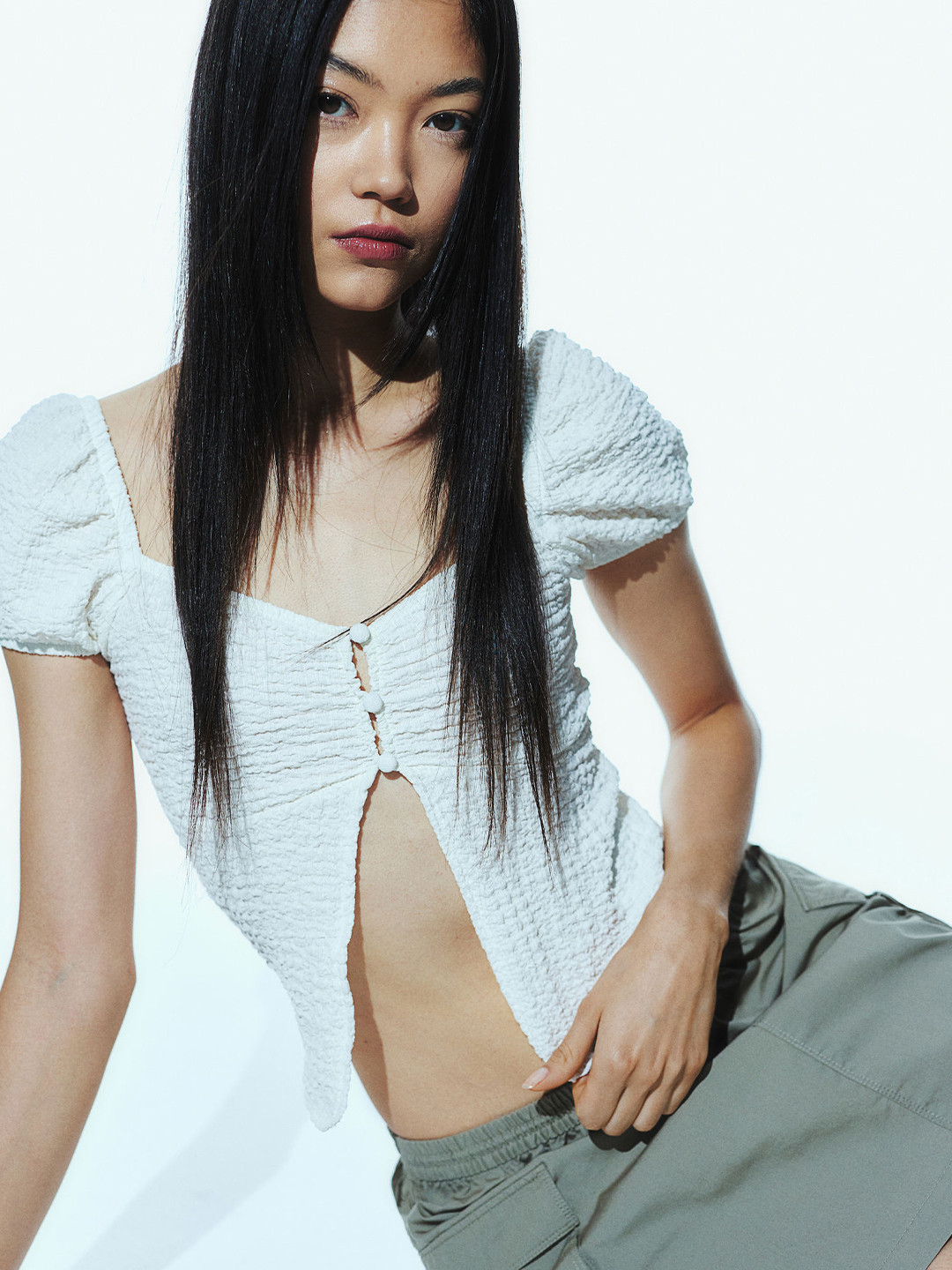 

H&M Crinkled Puff-Sleeved Top, White