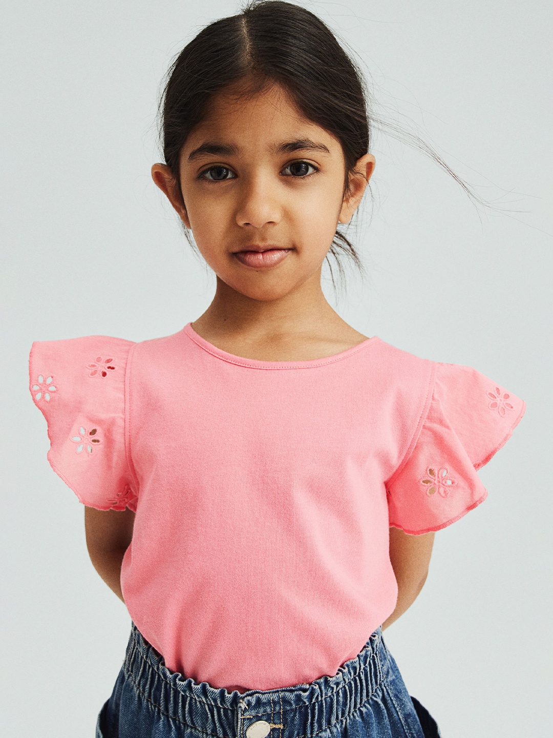 

H&M Girls Pure Cotton Jersey Top With Broderie Anglaise, Pink