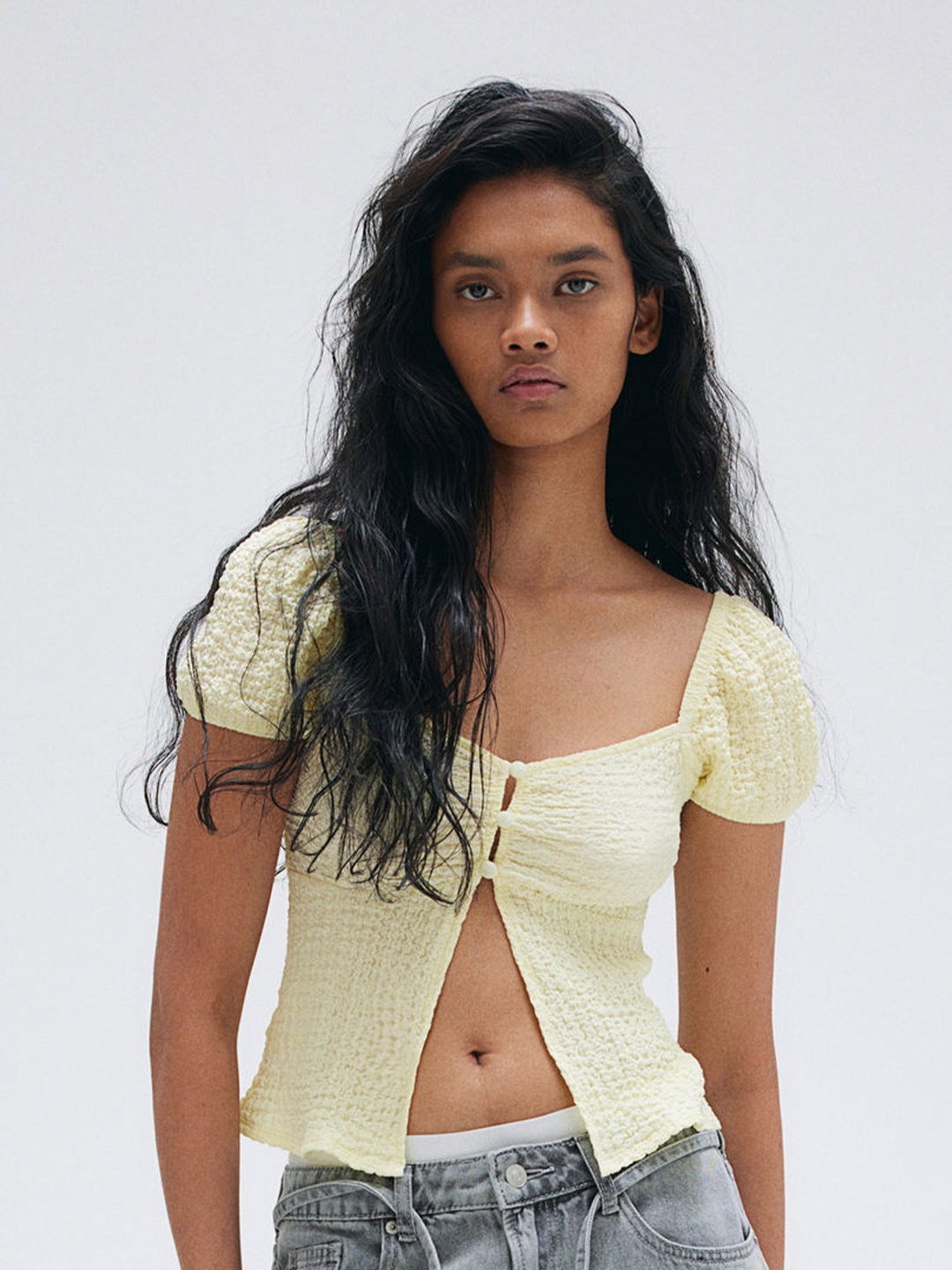 

H&M Crinkled Puff-Sleeved Top, Yellow