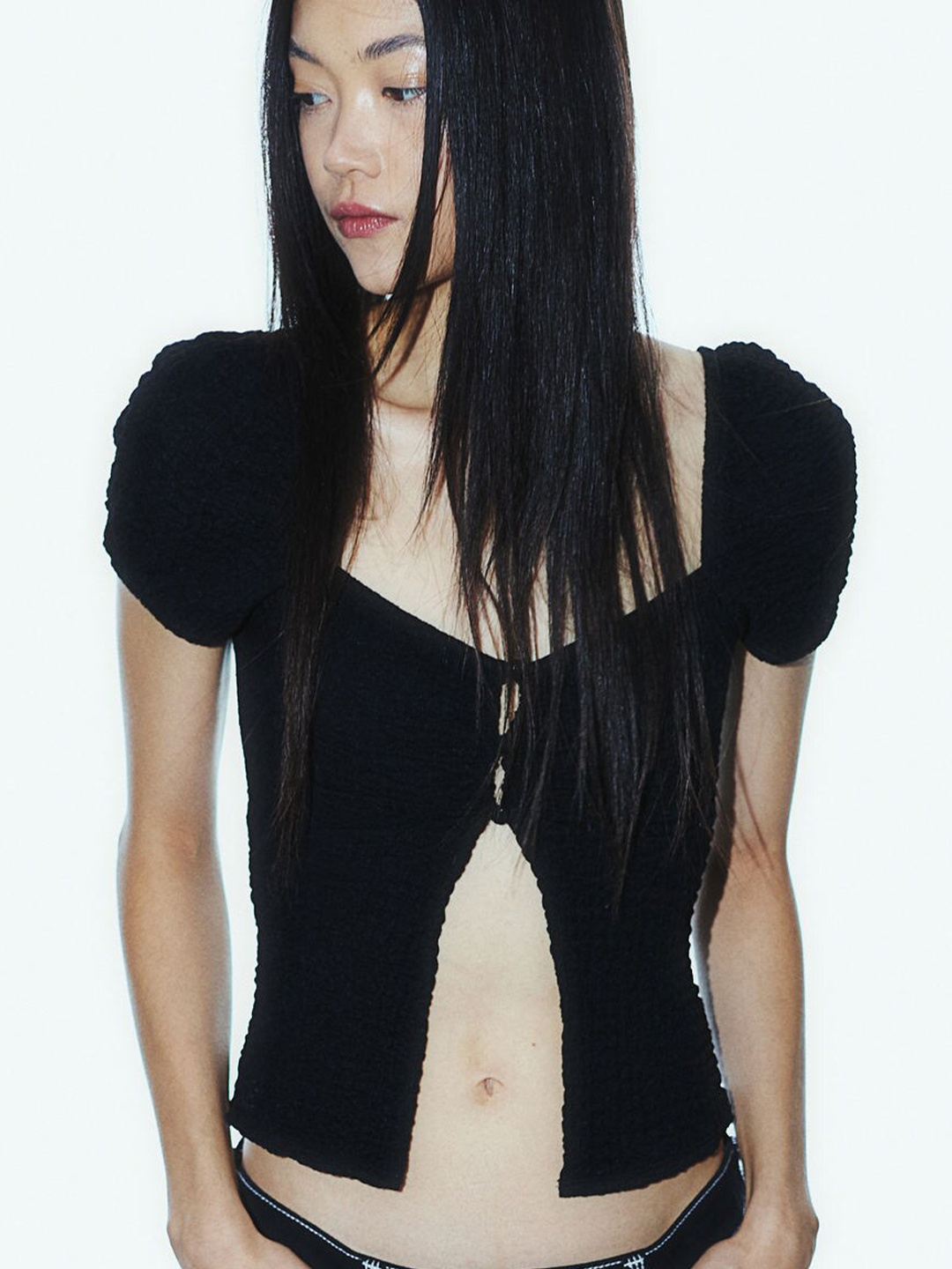 

H&M Crinkled Puff-Sleeved Top, Black