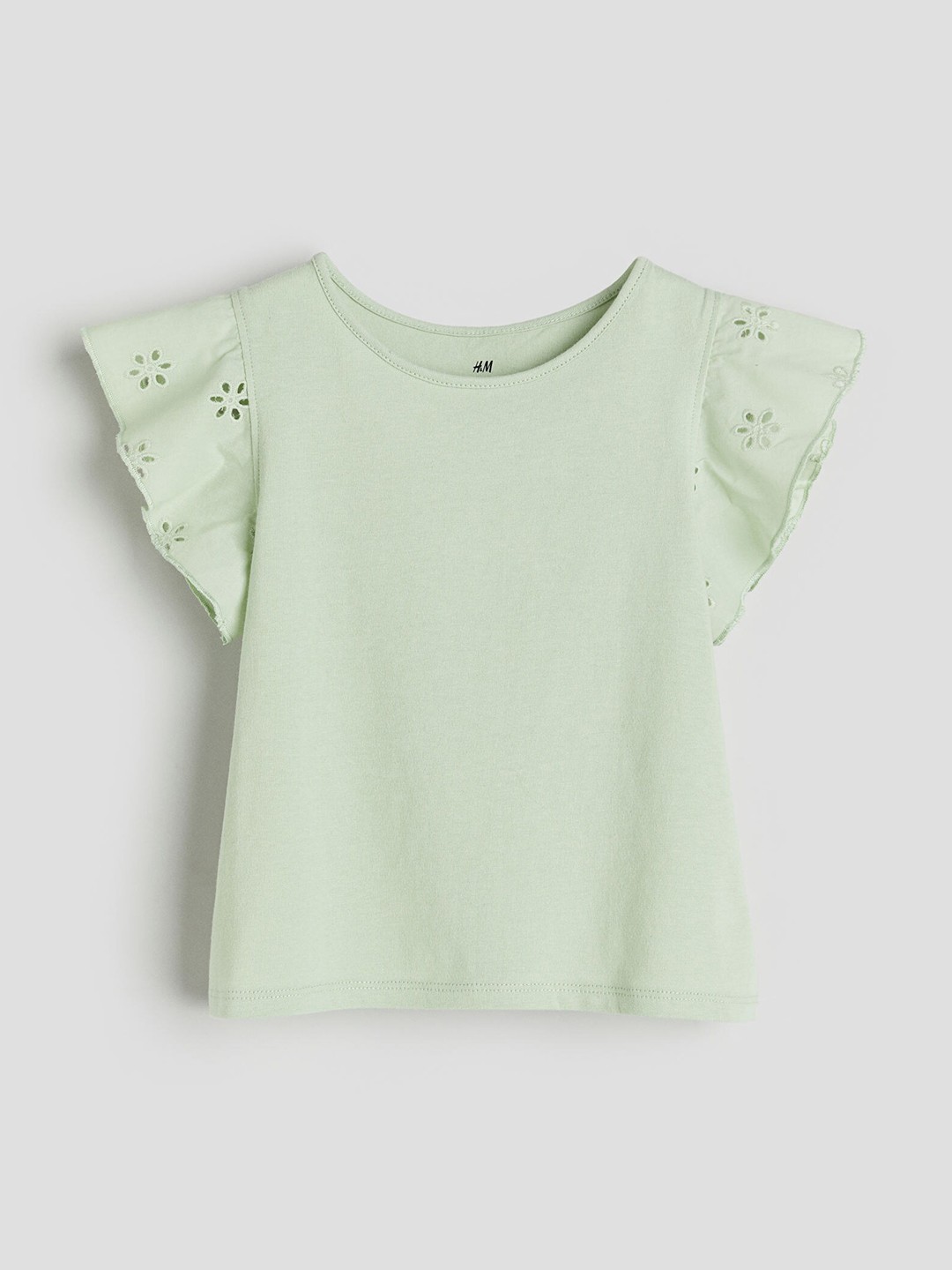 

H&M Girls Pure Cotton Jersey Top With Broderie Anglaise, Sea green