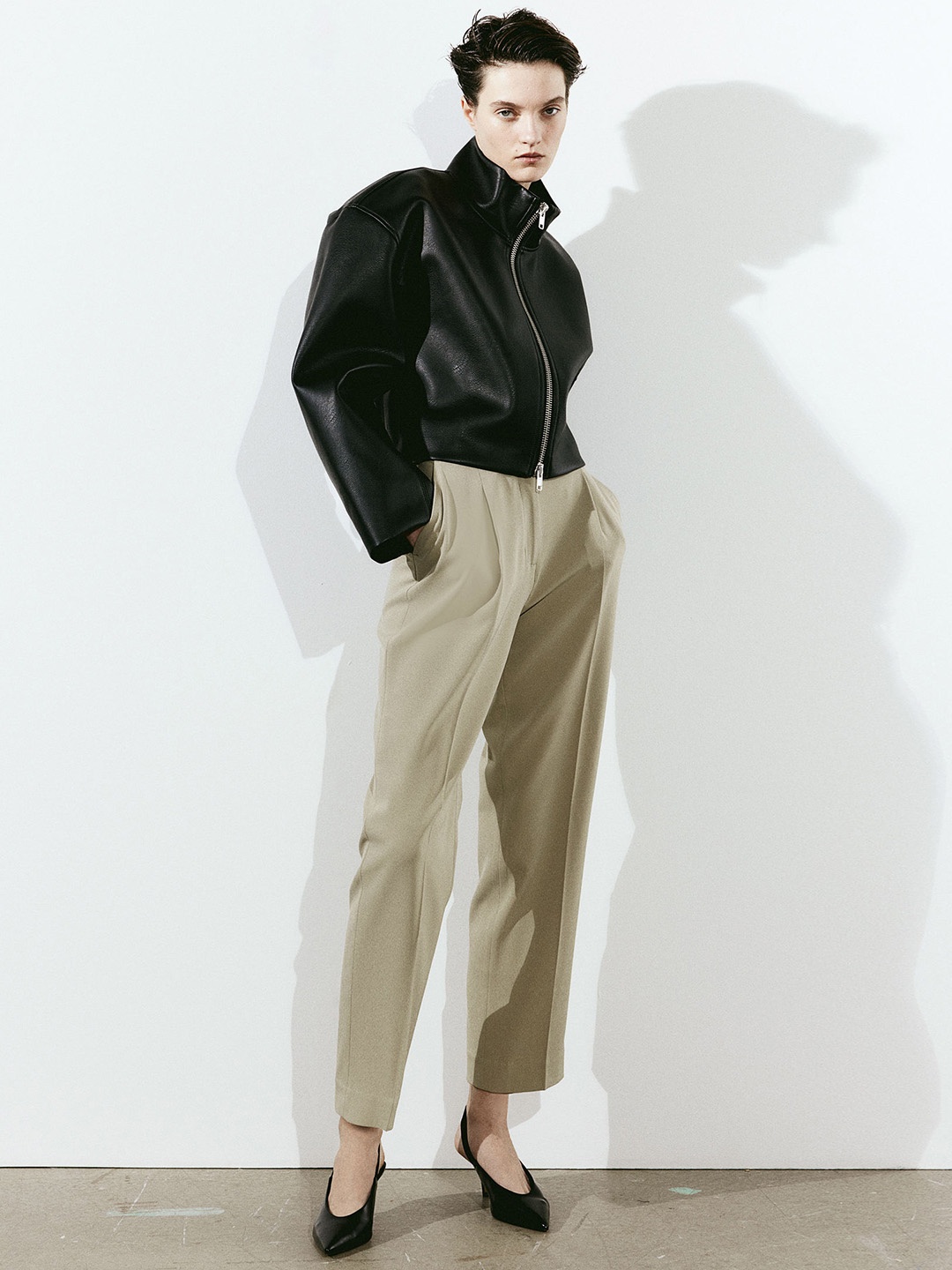 

H&M Women Wide Crease-Leg Trousers, Beige