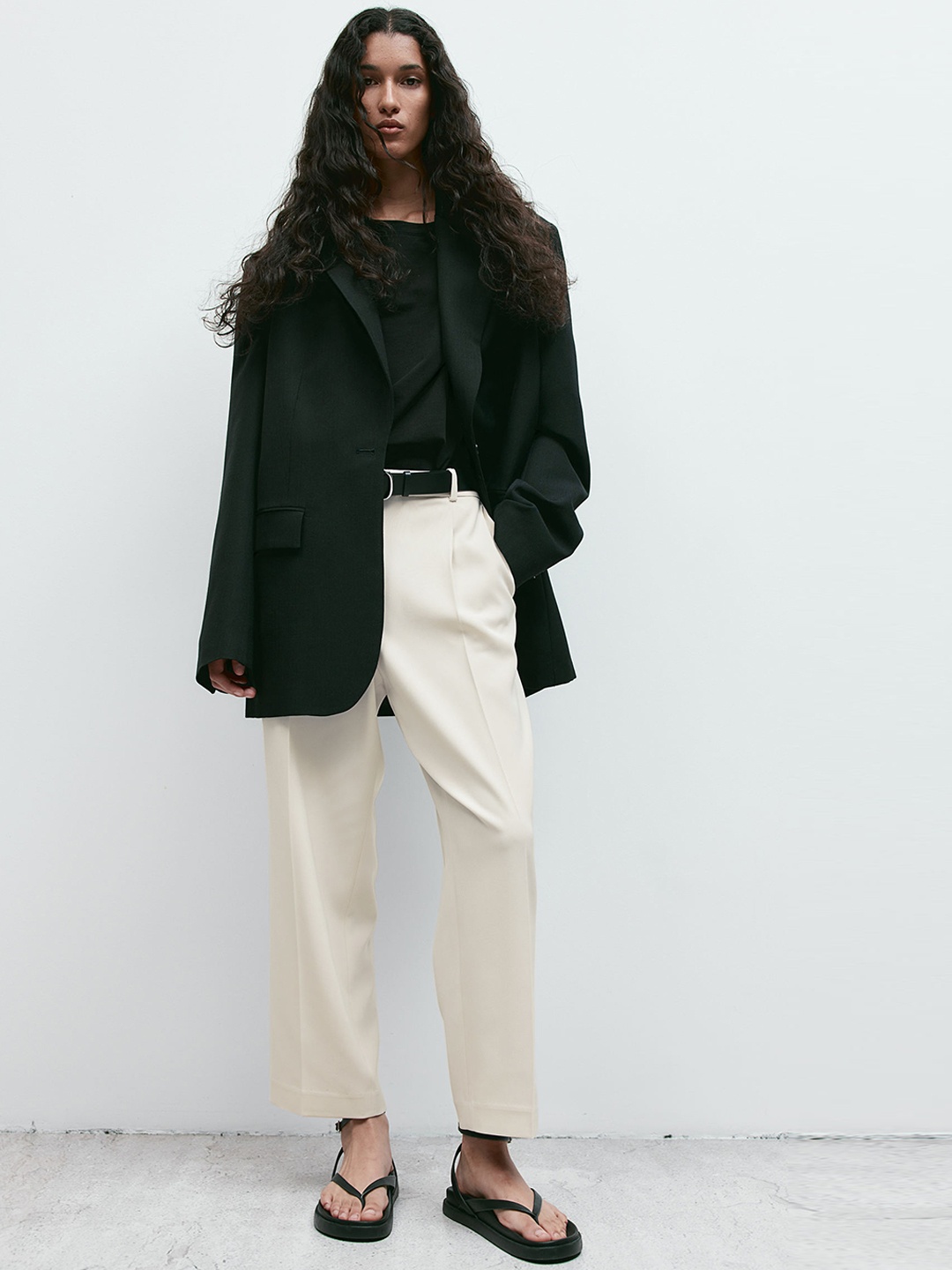 

H&M Women Wide Crease-Leg Trousers, Beige