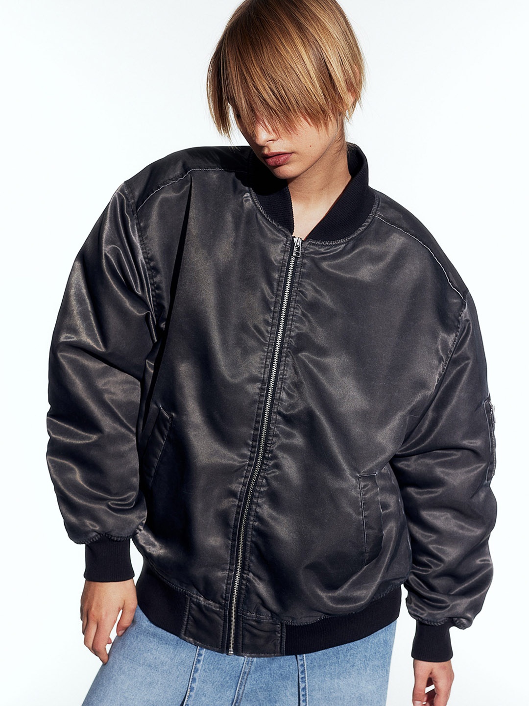 

H&M Distressed-Look Bomber Jacket, Grey