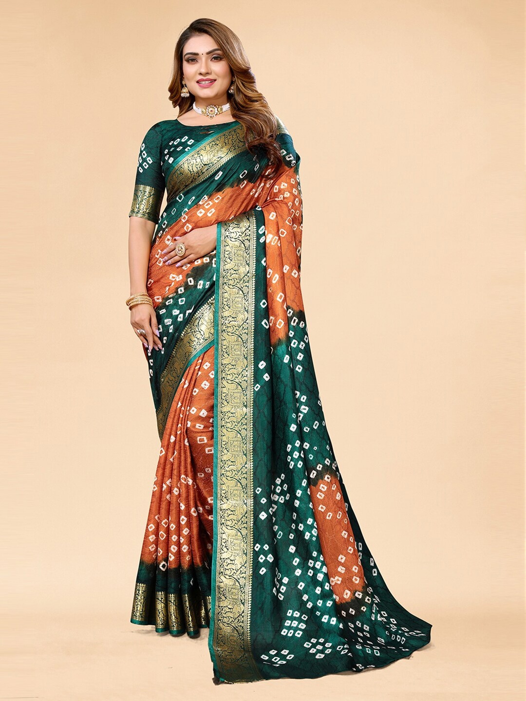 

Bandhanivilla Printed Zari Bandhani Saree, Orange