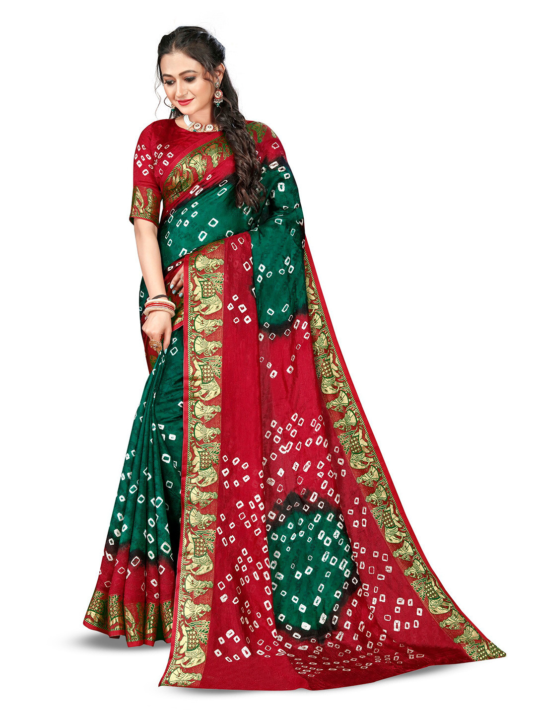 

Bandhanivilla Printed Zari Bandhani Saree, Green