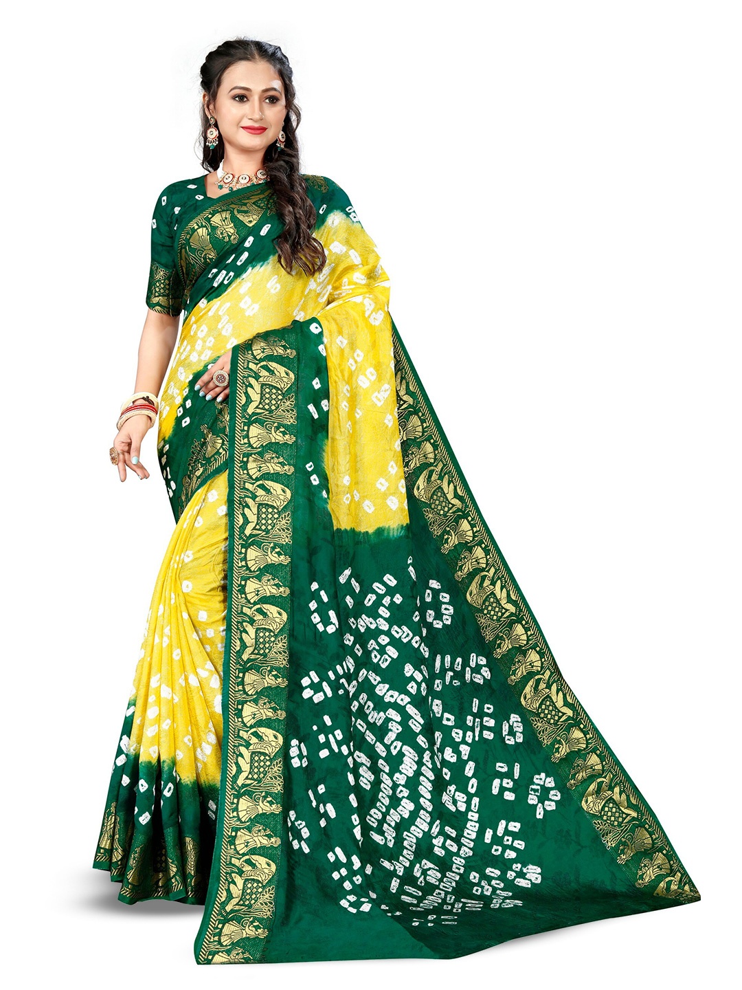 

Bandhanivilla Printed Zari Bandhani Saree, Yellow