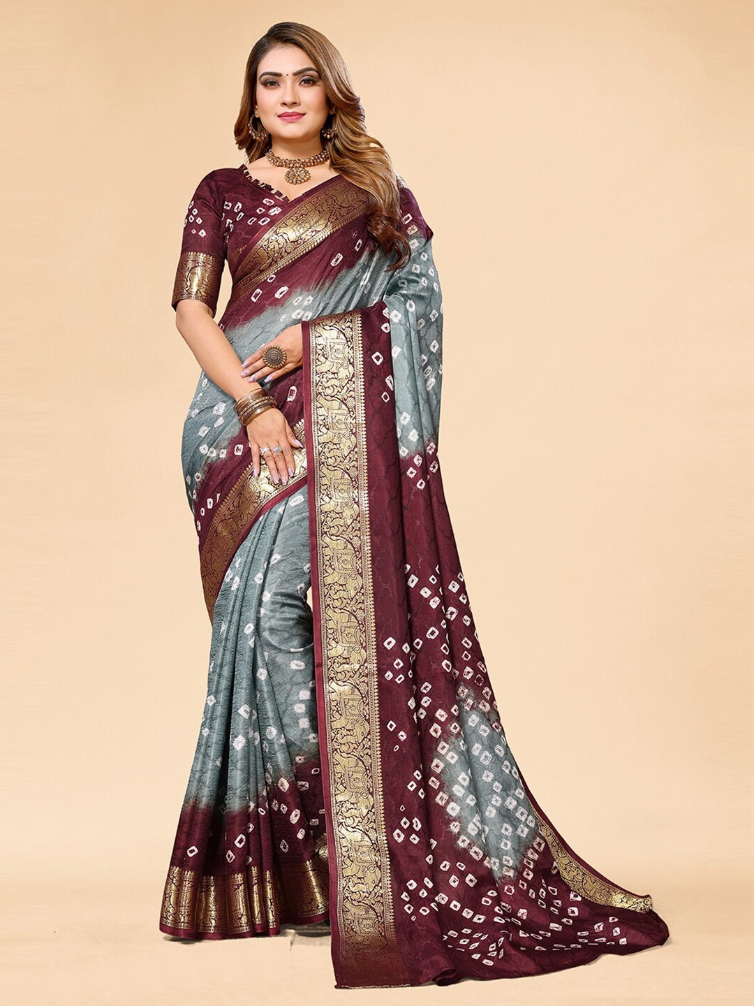 

Bandhanivilla Batik Zari Art Silk Bandhani Saree, Grey