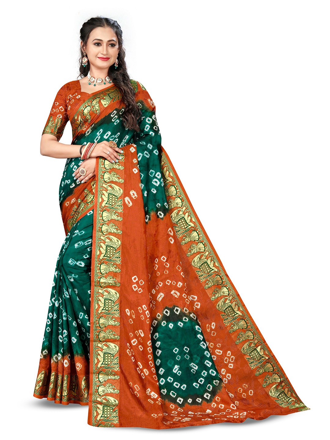 

Bandhanivilla Zari Art Silk Bandhani Saree, Green