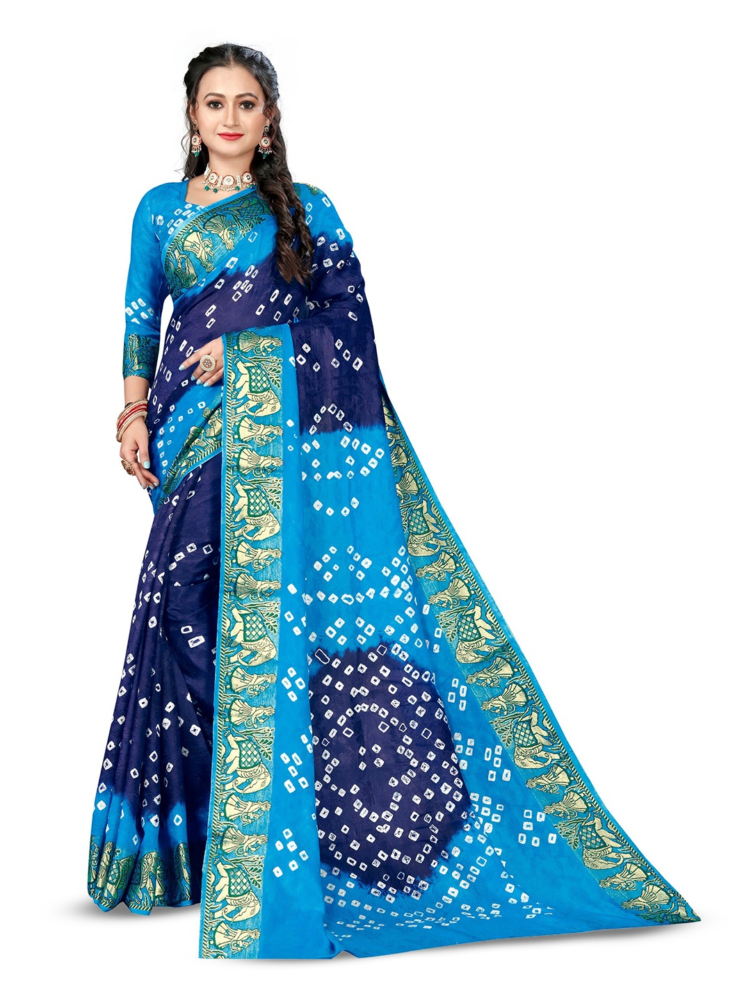 

Bandhanivilla Printed Zari Bandhani Saree, Navy blue