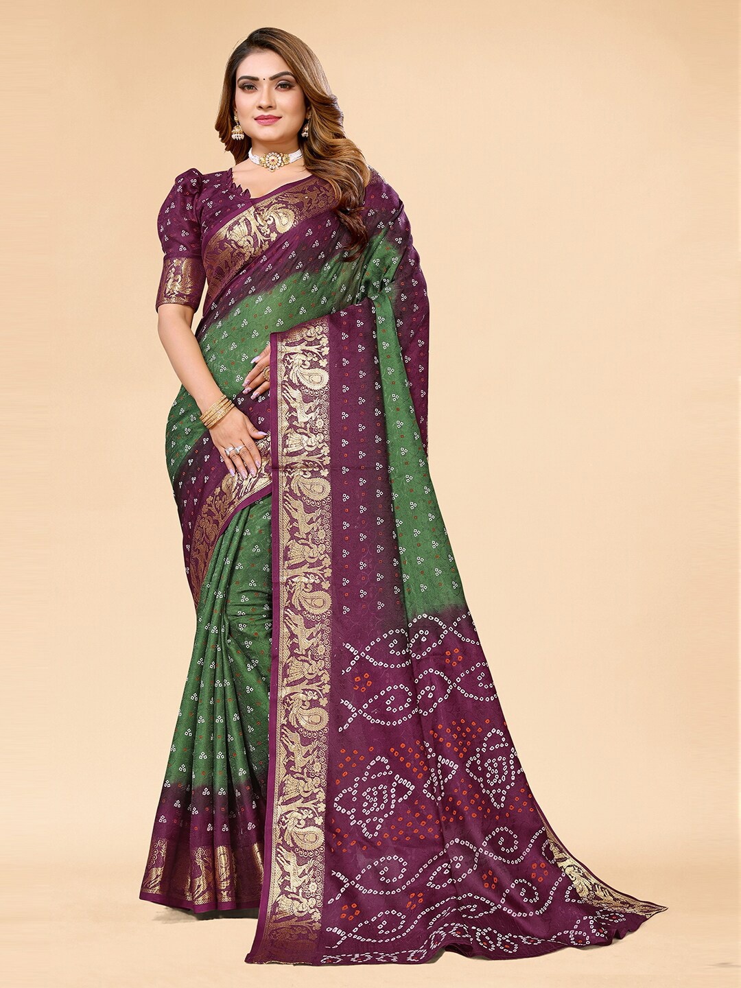 

Bandhanivilla Zari Art Silk Bandhani Saree, Green