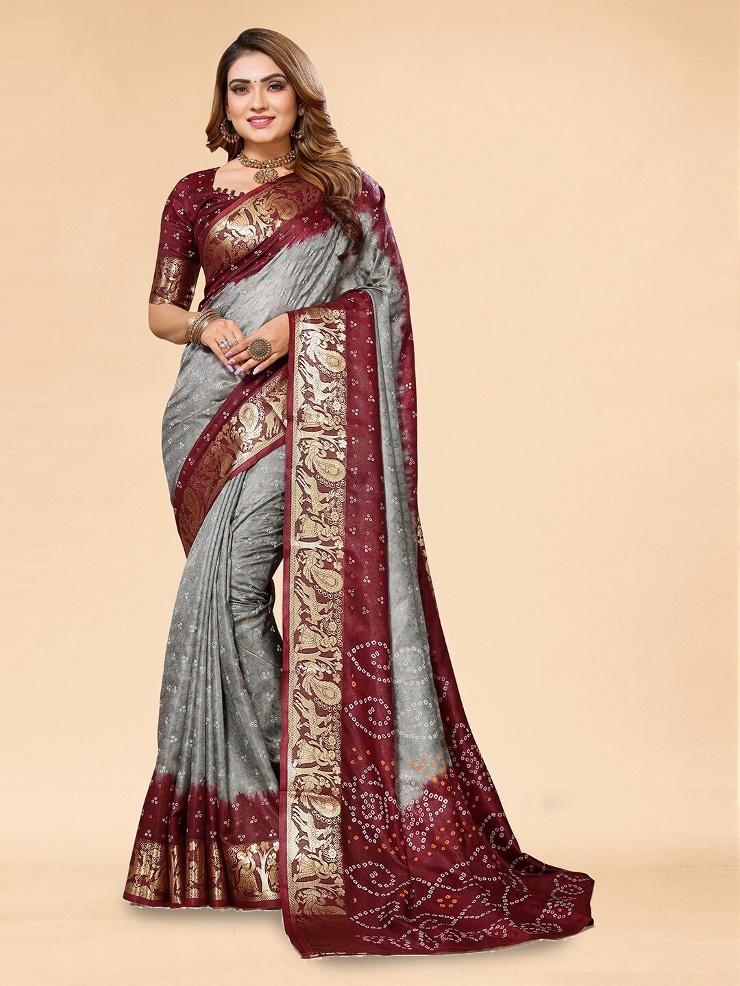 

Bandhanivilla Zari Art Silk Bandhani Saree, Grey