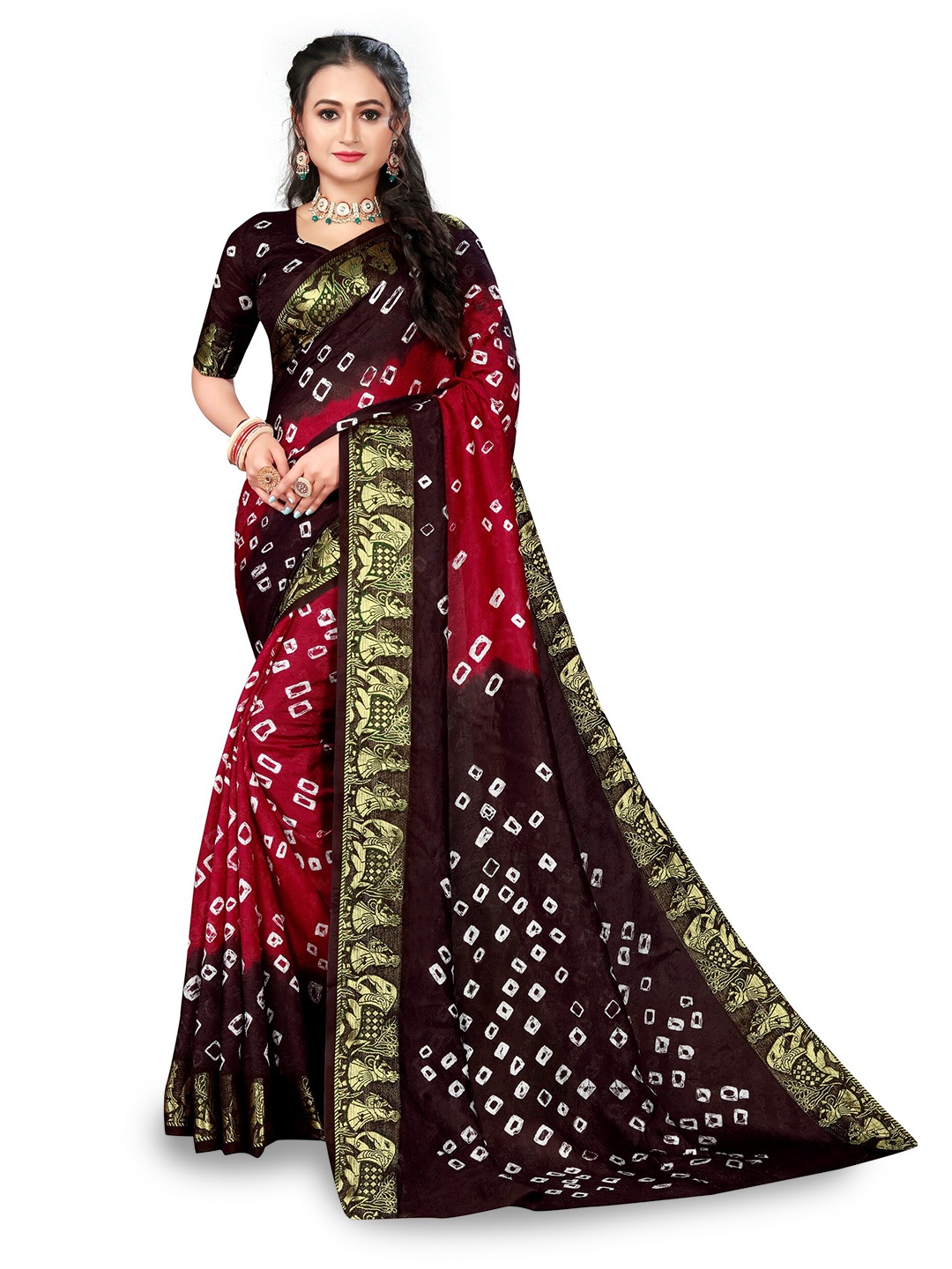 

Bandhanivilla Zari Art Silk Bandhani Saree, Red