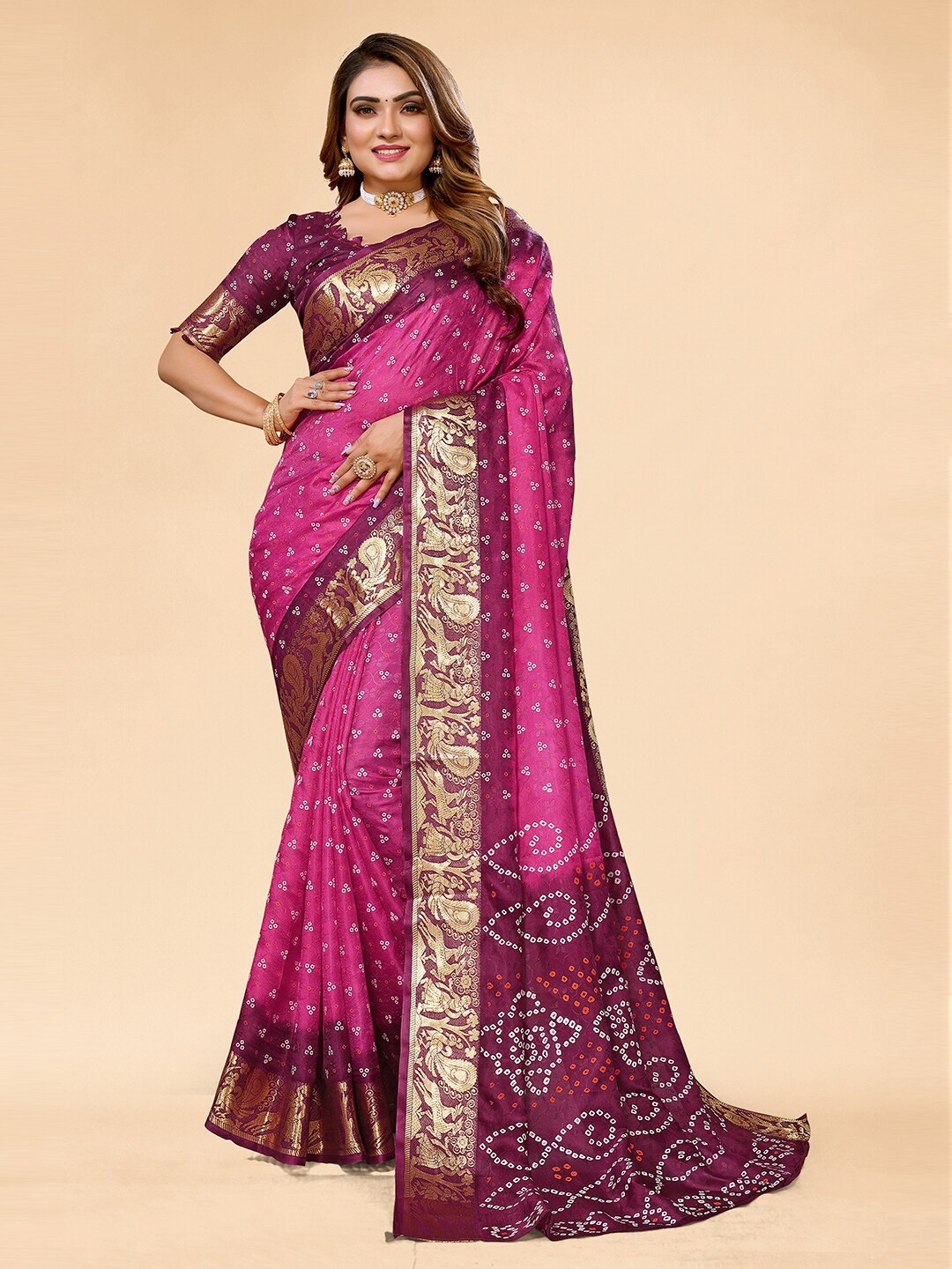 

Bandhanivilla Bandhani Printed Zari Bandhani Saree, Pink