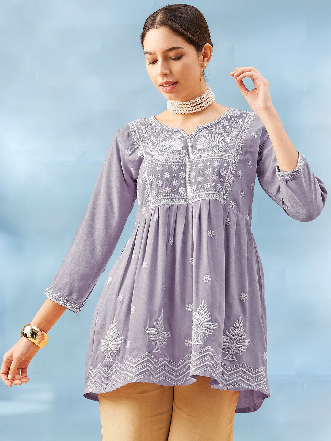 

Winza Designer Ethnic Motifs Embroidered Round Neck Thread Work A-Line Kurti, Grey