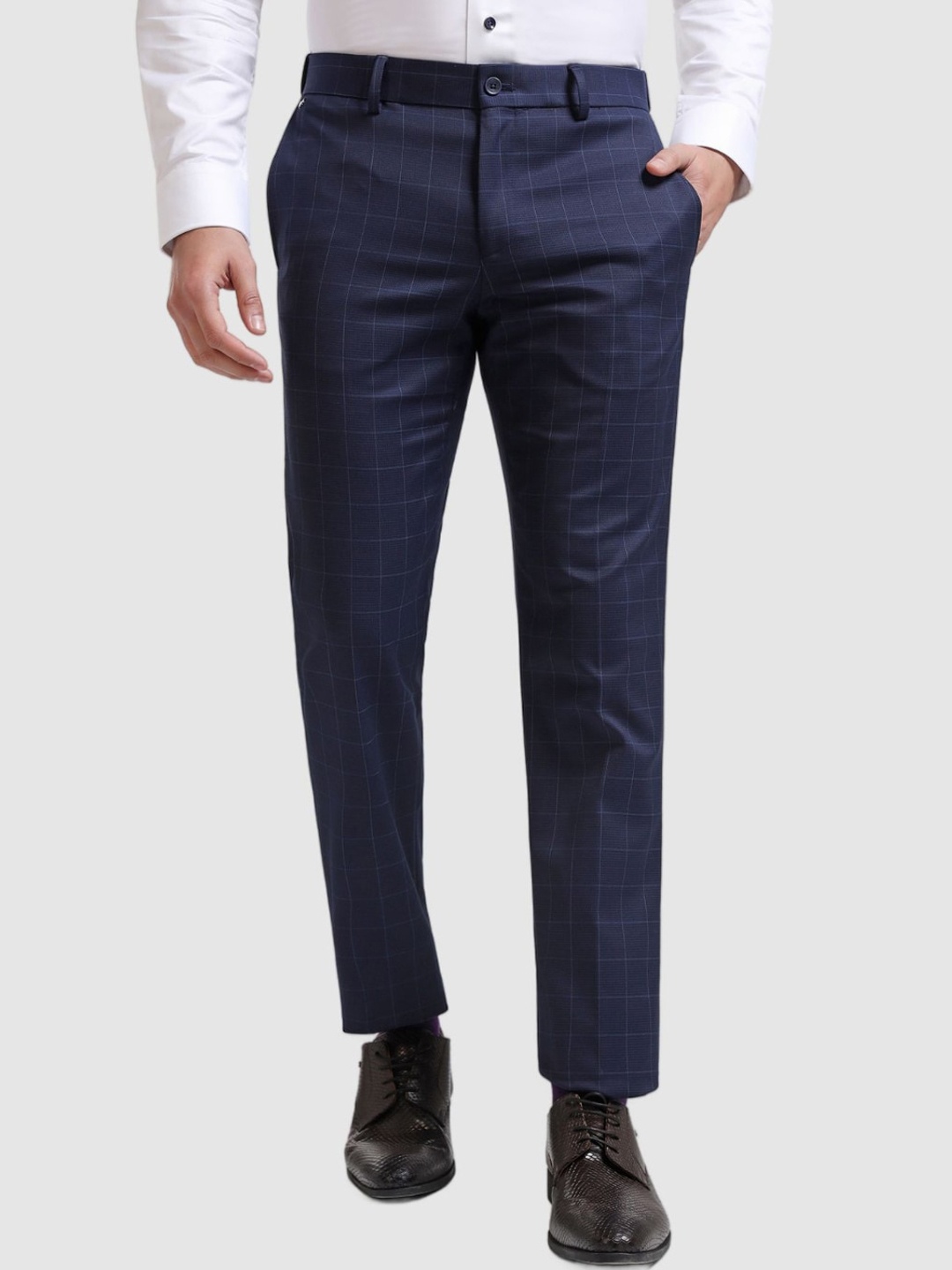 

Blackberrys Men Checked Slim Fit Chinos Formal Trousers, Navy blue