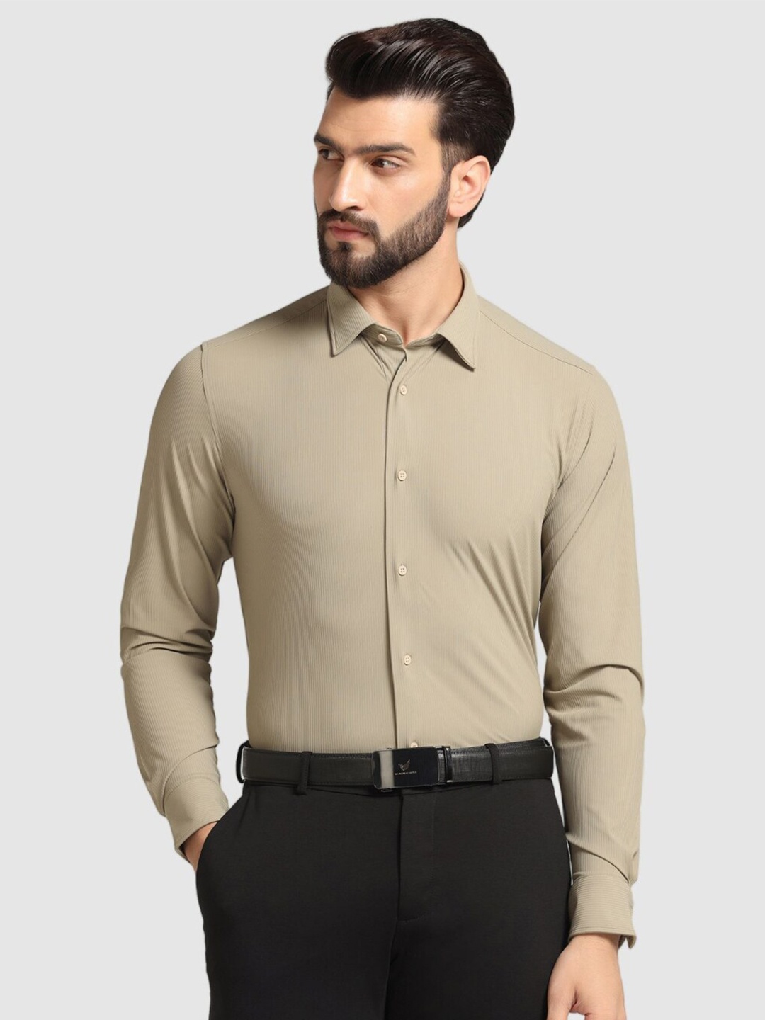 

Blackberrys TechPro Men Khaki Striped Formal Shirts