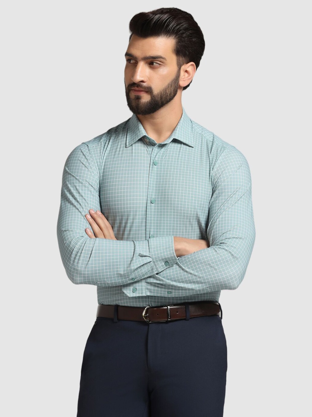 

Blackberrys TechPro Men Green Check Formal Shirts