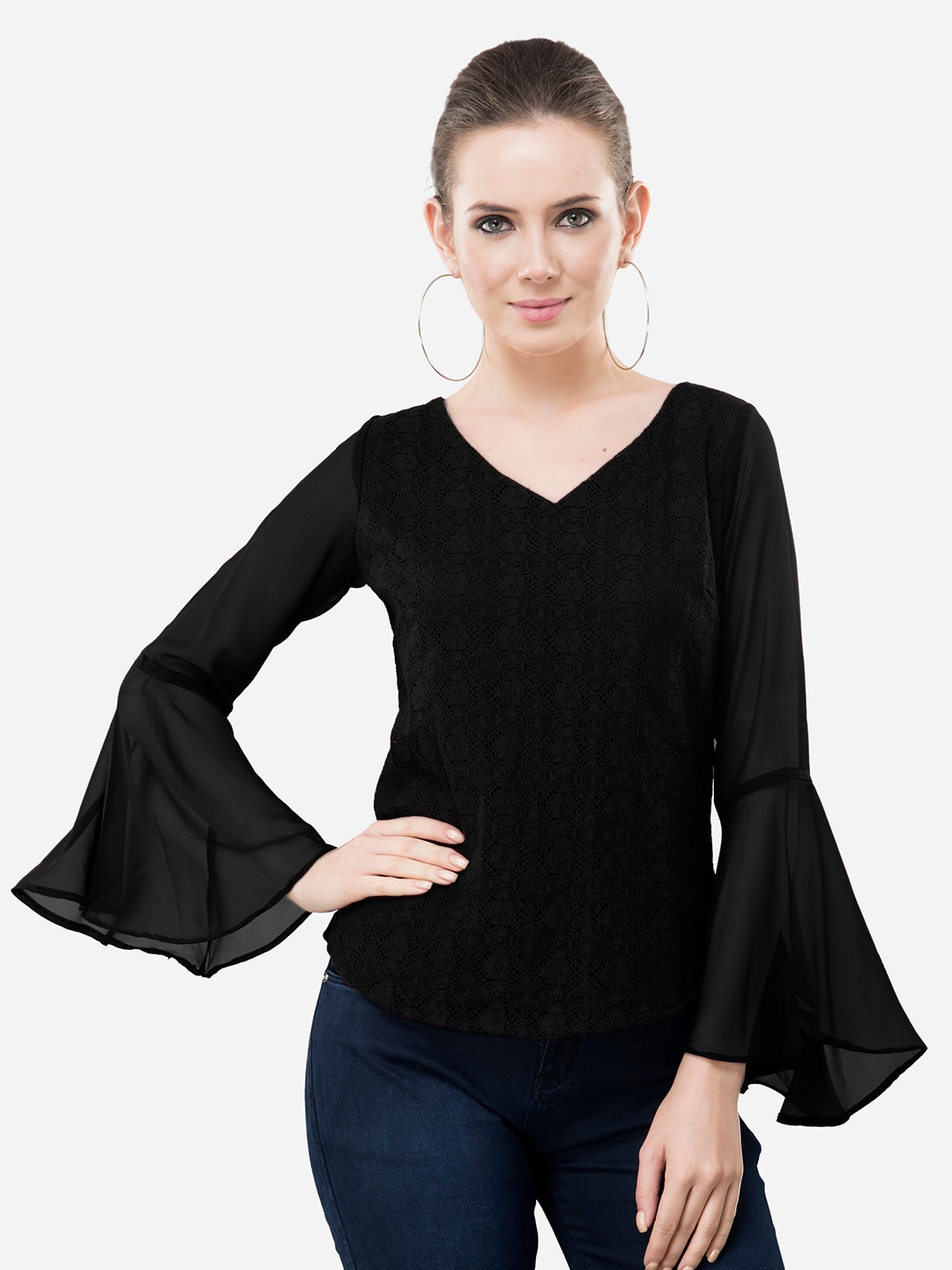 

V&M Self Design Bell Sleeves V-Neck Cotton Lace Top, Black
