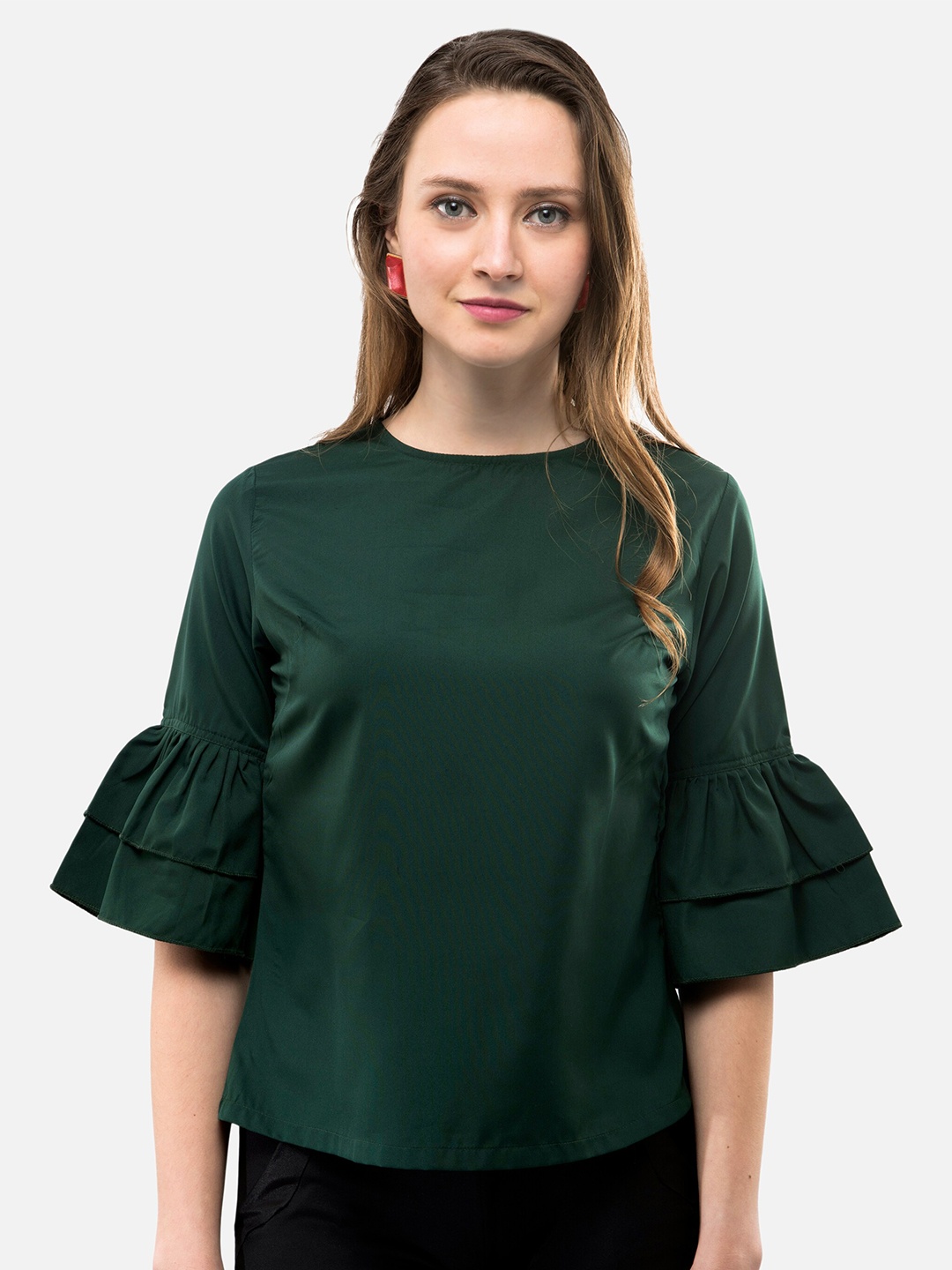 

V&M Round Neck Bell Sleeves Crepe Regular Top, Green
