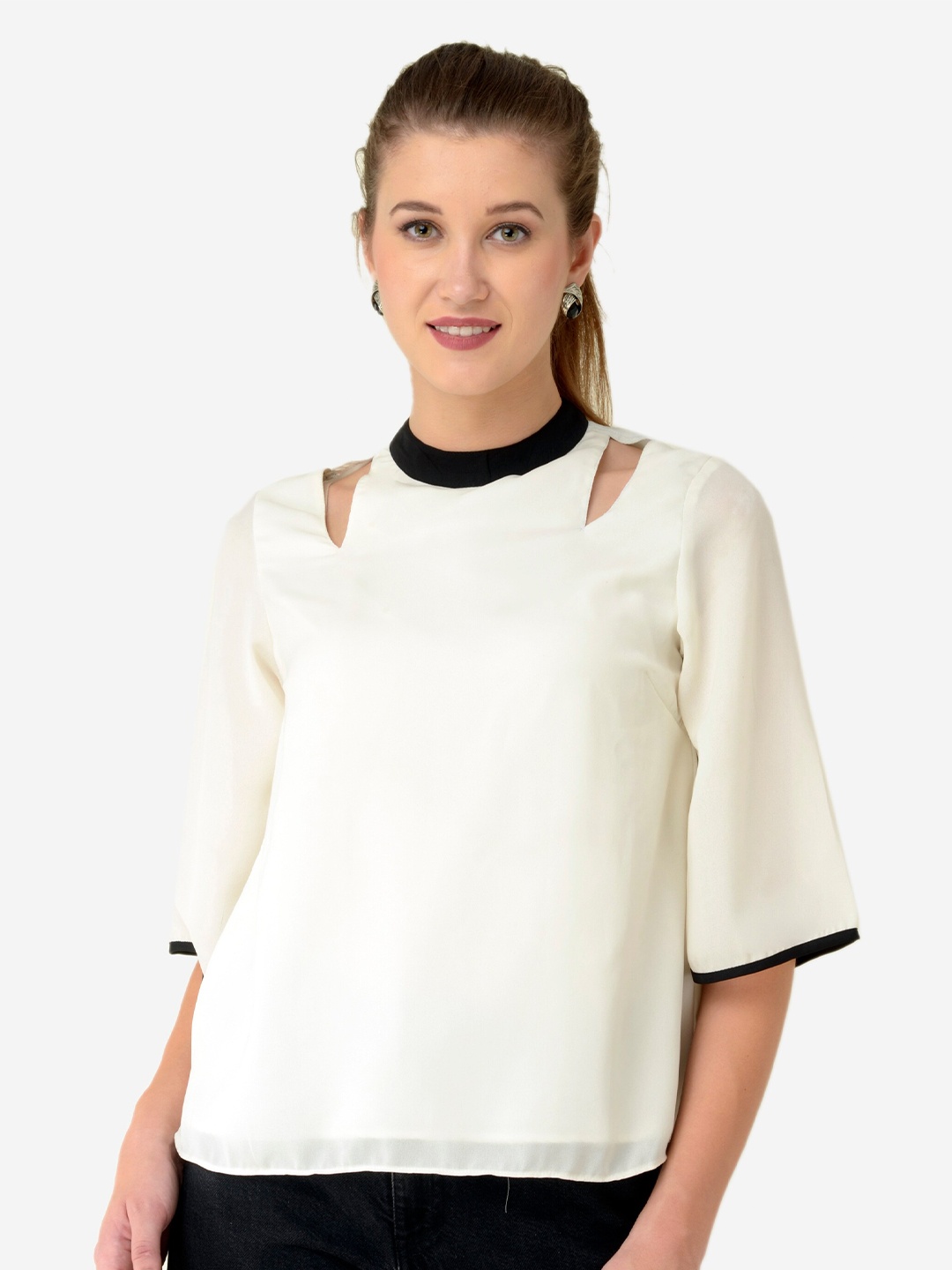 

V&M Round Neck Cut-Outs Georgette Top, Off white