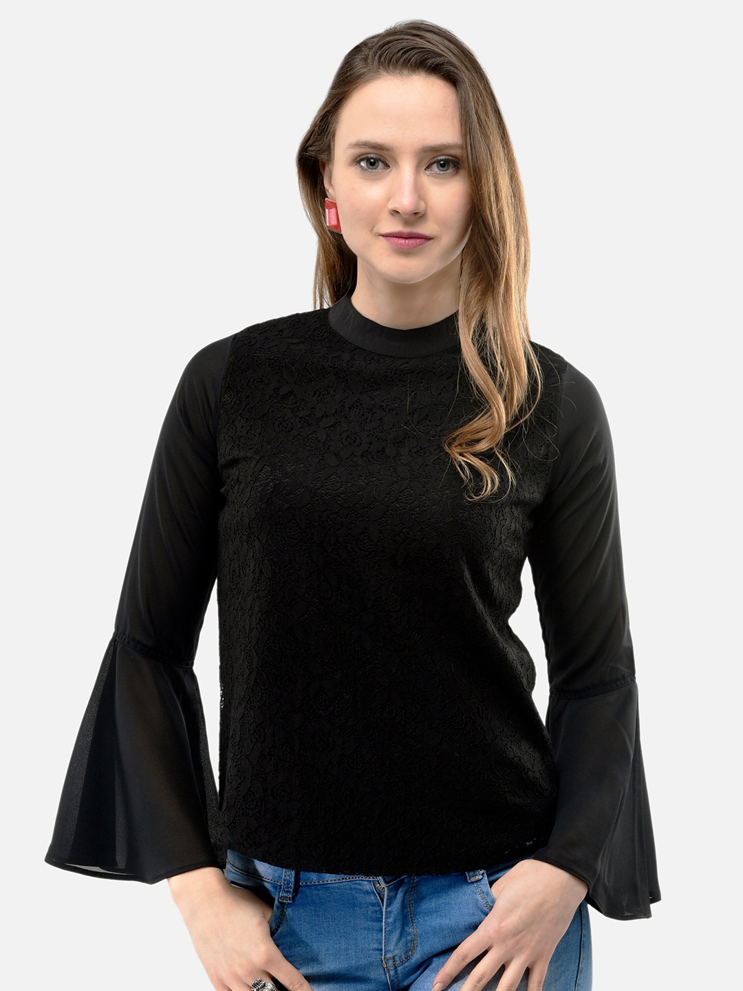 

V&M Self Design Bell Sleeves High Neck Cotton Lace Top, Black